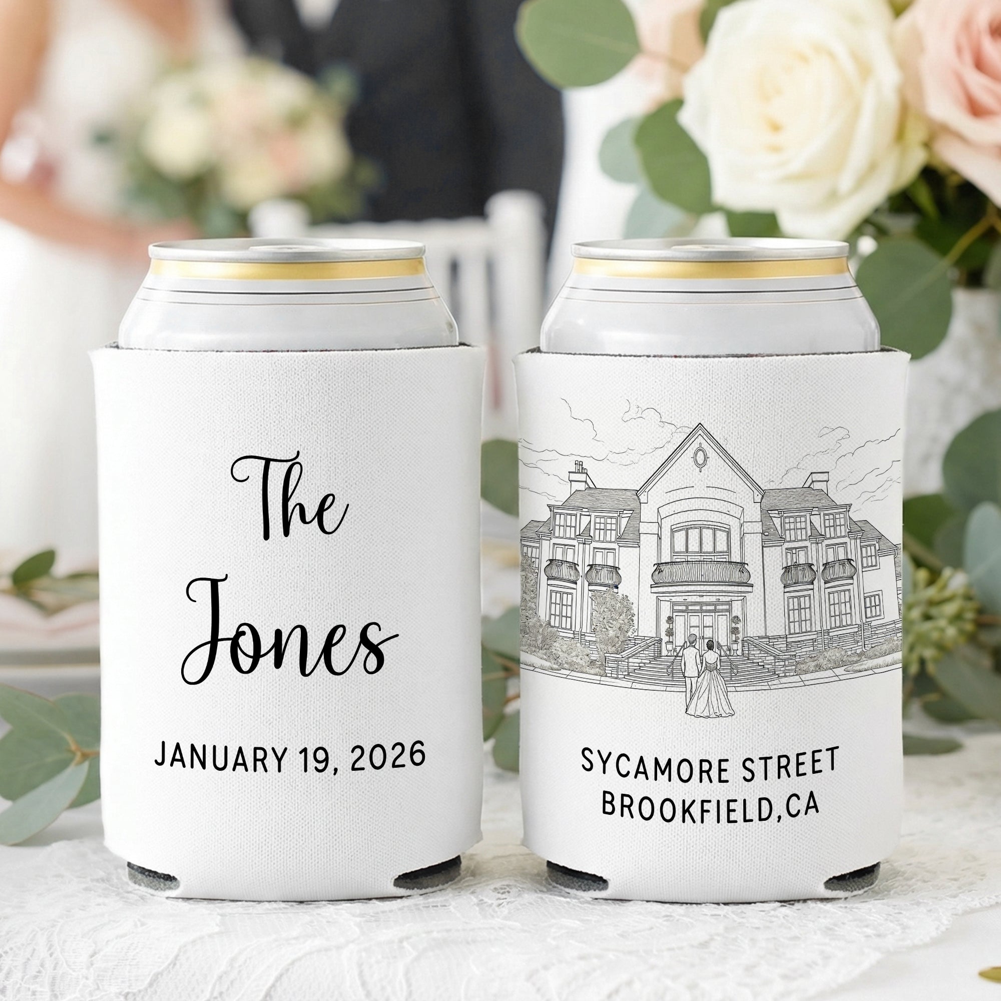 Funda isotérmica para lata de cerveza personalizada con fecha, apellido y texto para regalo de boda para pareja, familia o amigo
