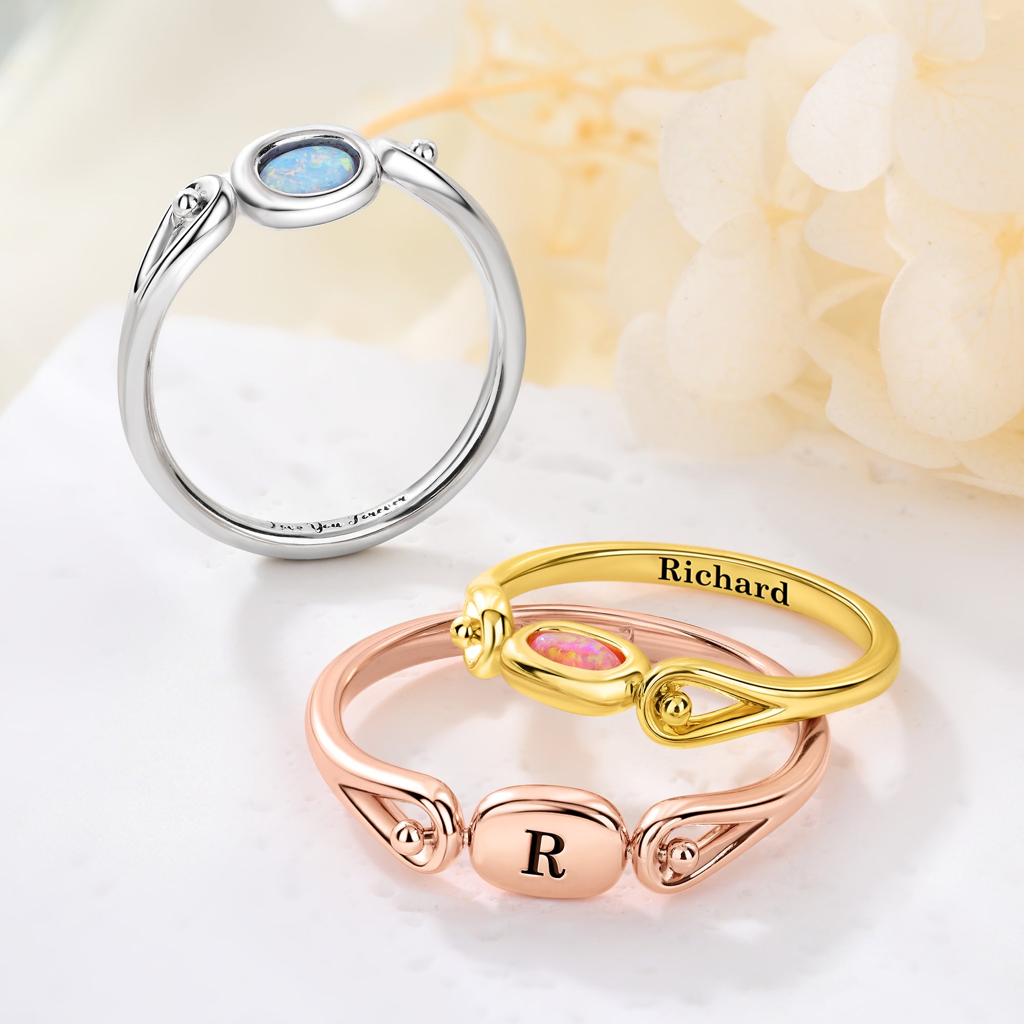 Anillo giratorio personalizado de plata de ley con ópalo, nombre e inicial Regalo de cumpleaños para novia y esposa