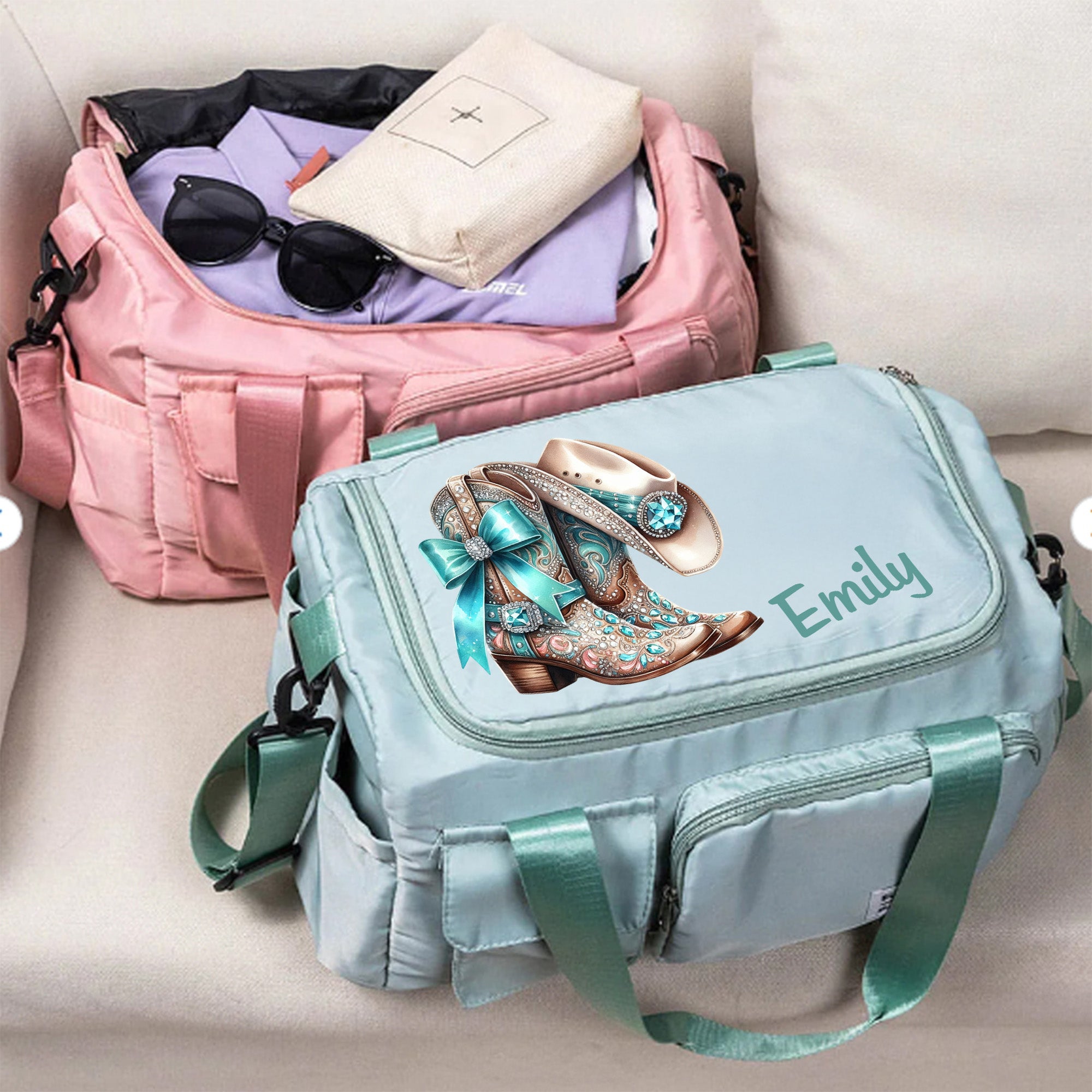 Bolsa de viaje grande con nombre y correa para el hombro personalizada con joyas vintage Botas de vaquero Regalo de cumpleaños de viaje para mujeres Vaqueras