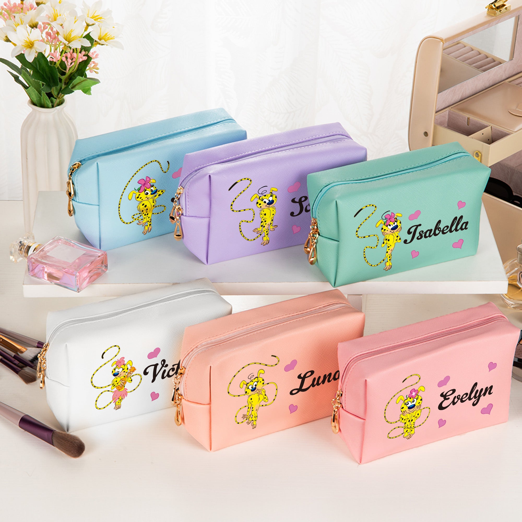 Marsupilami Personalizado Leopardo de Cola Larga Bolsa de Maquillaje de Piel de PU con Nombre Regalo de Cumpleaños para Ella | Callie × Marsupilami