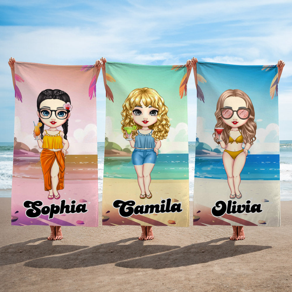 Toalla de playa de secado rápido, suave y personalizada, con el nombre de un personaje de dibujos animados, esencial para viajes, regalo de verano, vacaciones y cumpleaños para mujer
