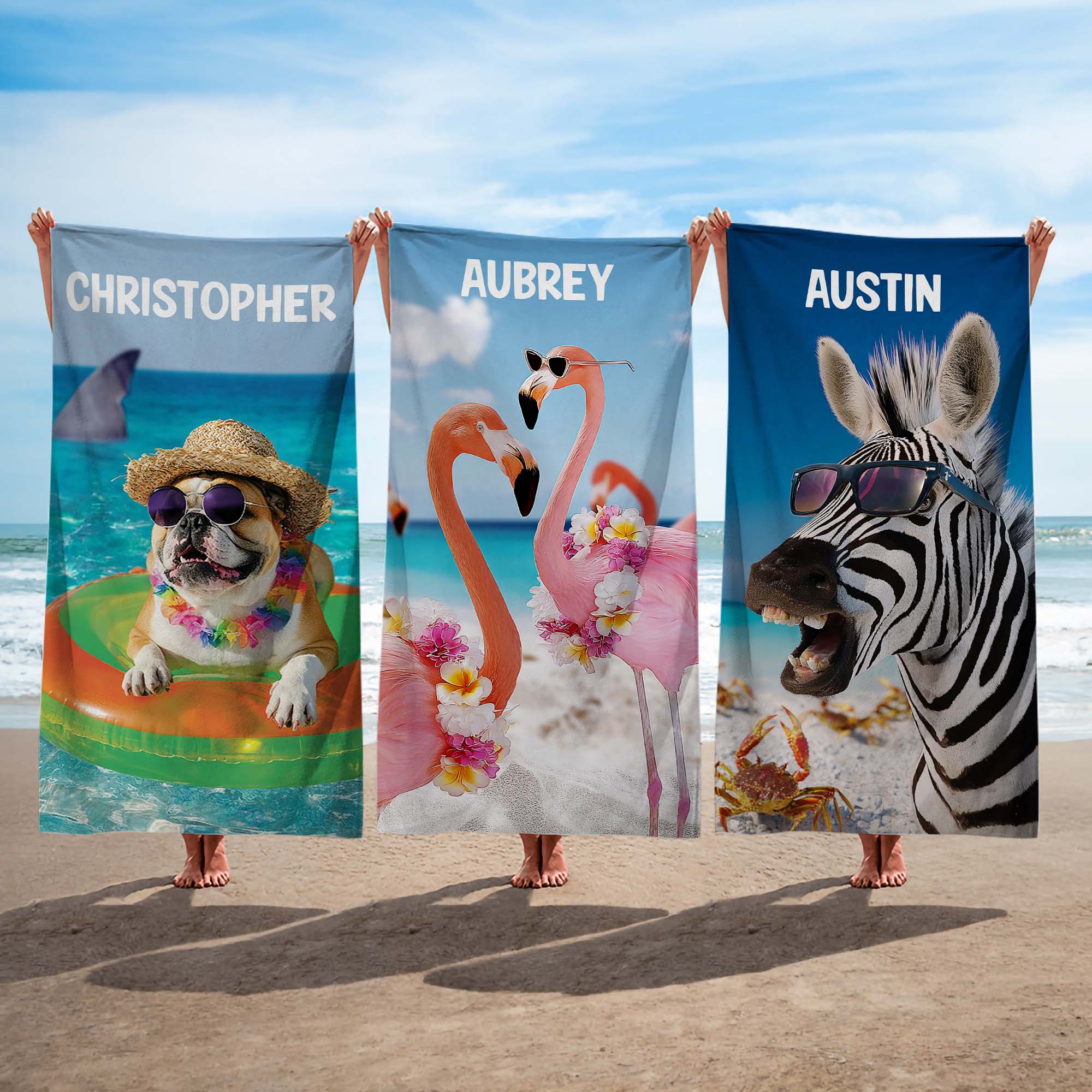 Toalla de playa de gran tamaño de secado rápido con nombre personalizada Funny Zebra Flamingo Animals Summer Vacation Beach Party Gift for Family Friends