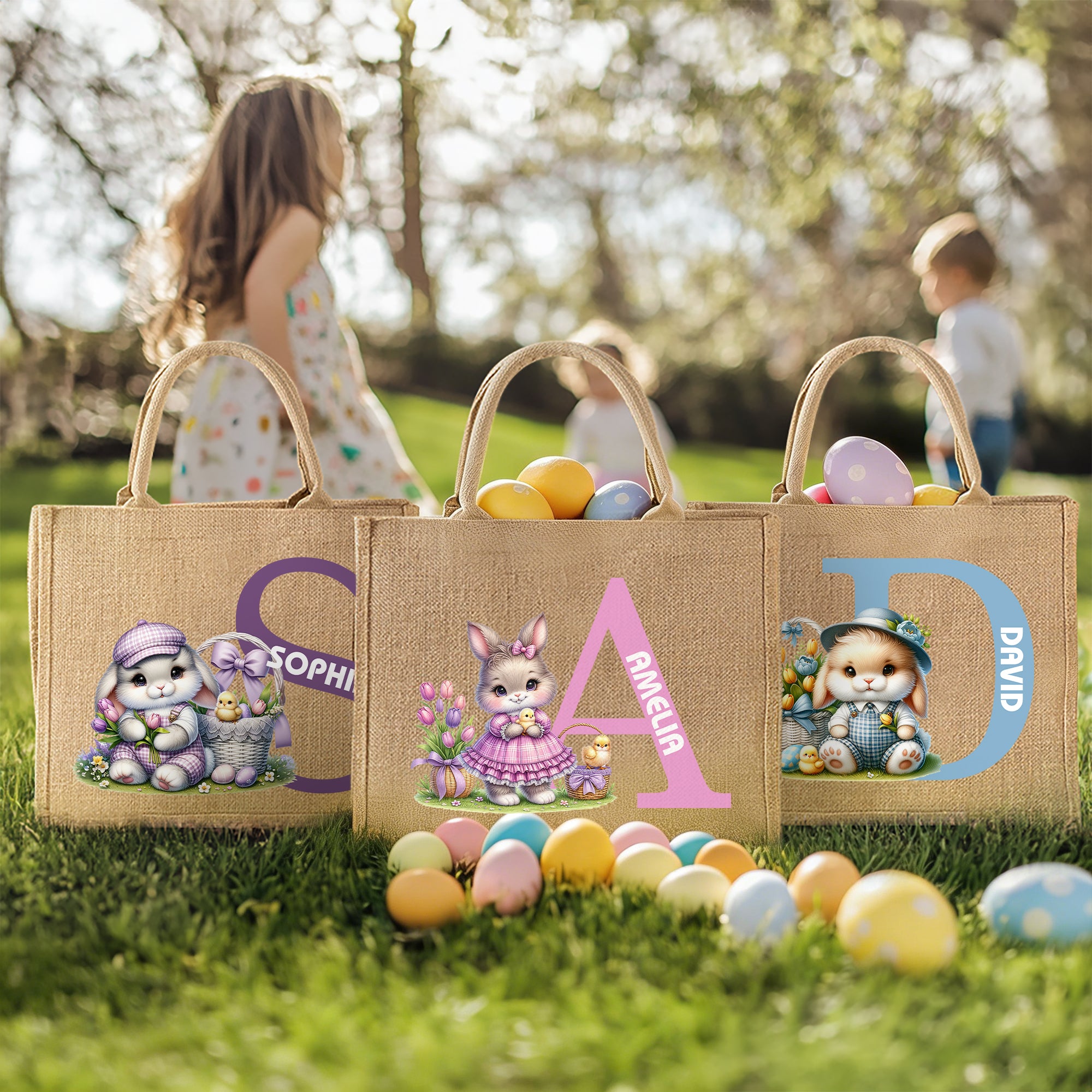 Conejito de Pascua Personalizado Bolsa de Yute con Iniciales y Nombre Accesorios para Cazar Huevos Regalo de Pascua para Niños Niñas