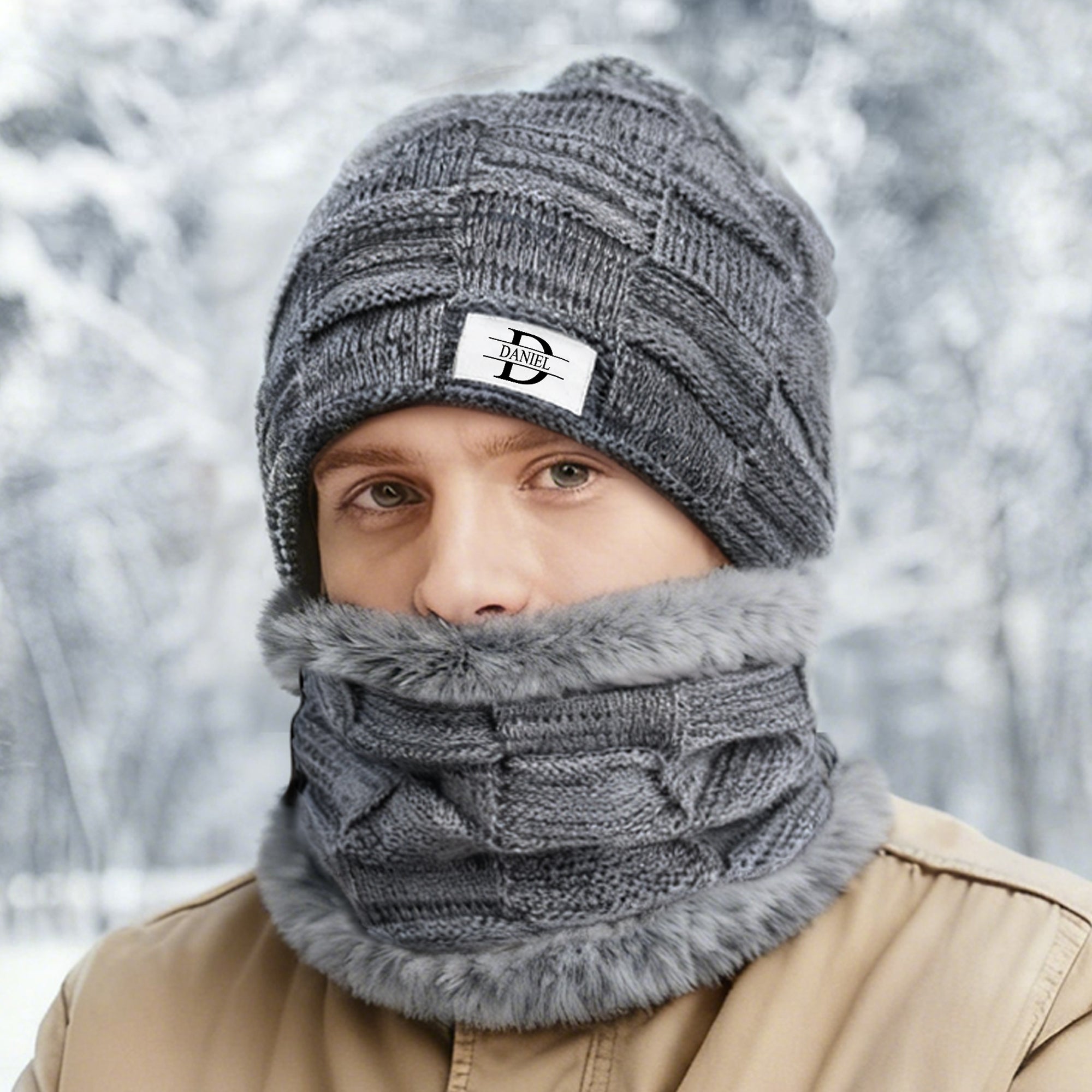 Set de gorro de punto y cuello polar personalizado con nombre e inicial grueso para actividades al aire libre regalo de cumpleaños para familia