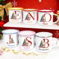 Árbol de Navidad personalizado Santa Claus 12 oz borde de color taza de esmalte con el nombre y la inicial de regalo de Navidad para los niños amigos