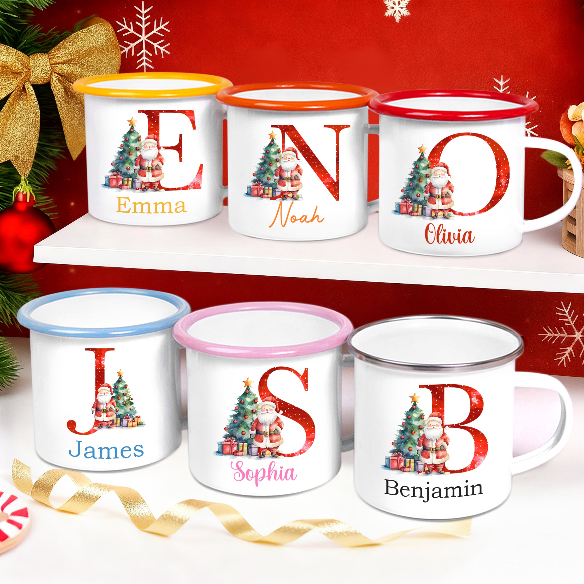 Árbol de Navidad personalizado Santa Claus 12 oz borde de color taza de esmalte con el nombre y la inicial de regalo de Navidad para los niños amigos