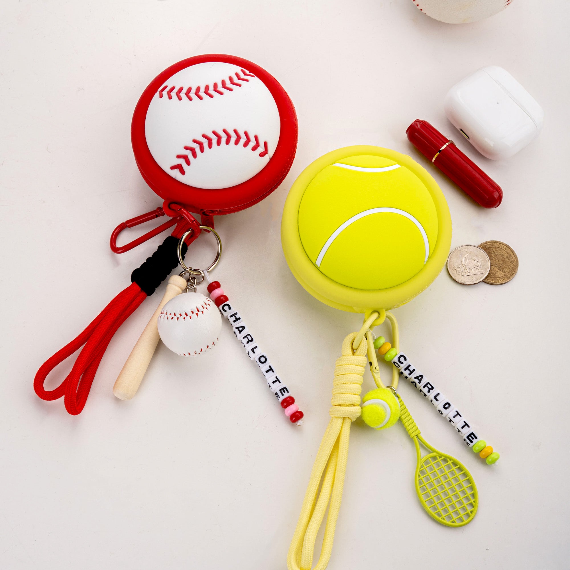 Llavero personalizado de pelota con nombre y charms de tenis béisbol y fútbol regalo de cumpleaños para amantes del deporte