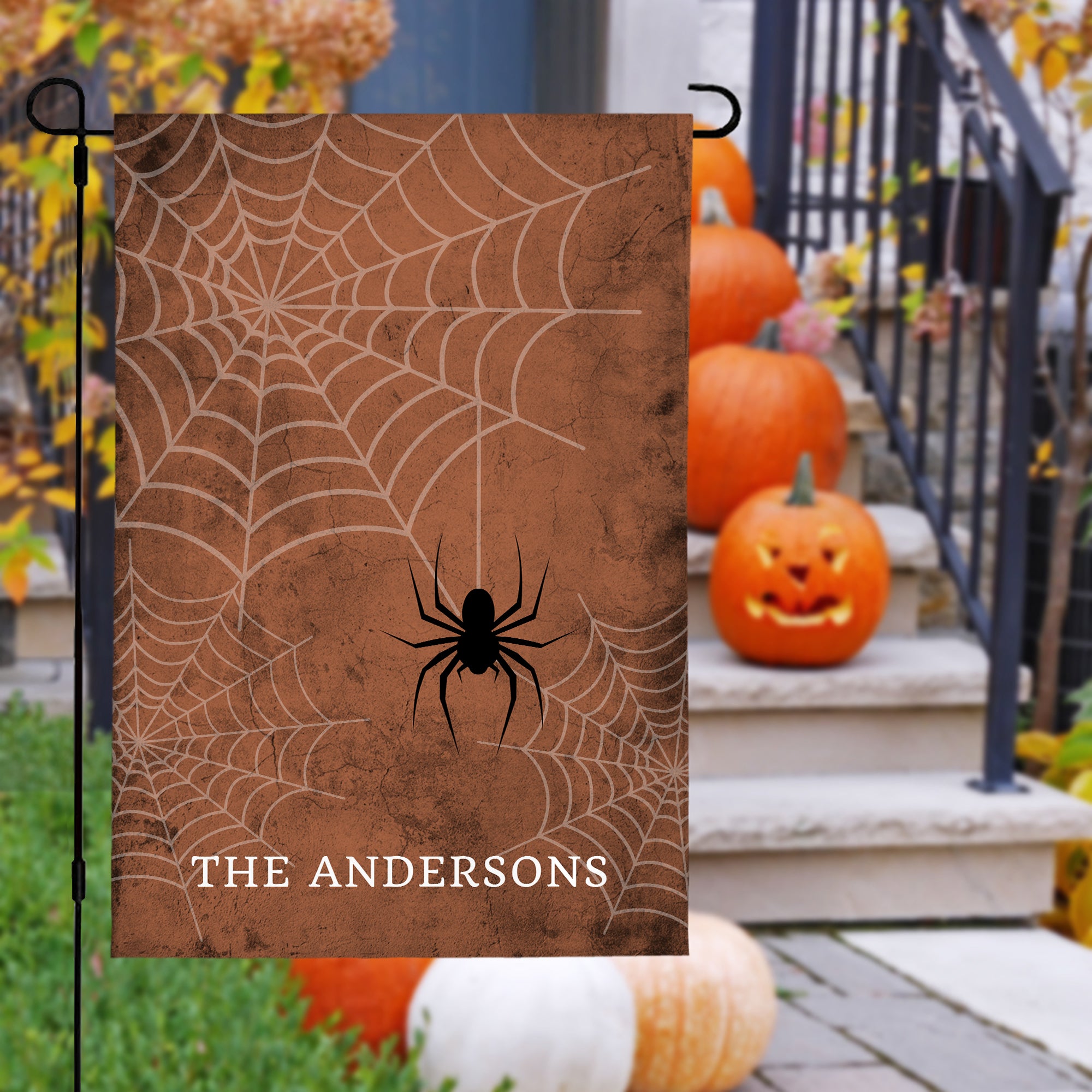 Personalizada Spooky Spiderweb Garden Flag con texto Yard Porch Outdoor Decor Halloween Gift for Family Friend