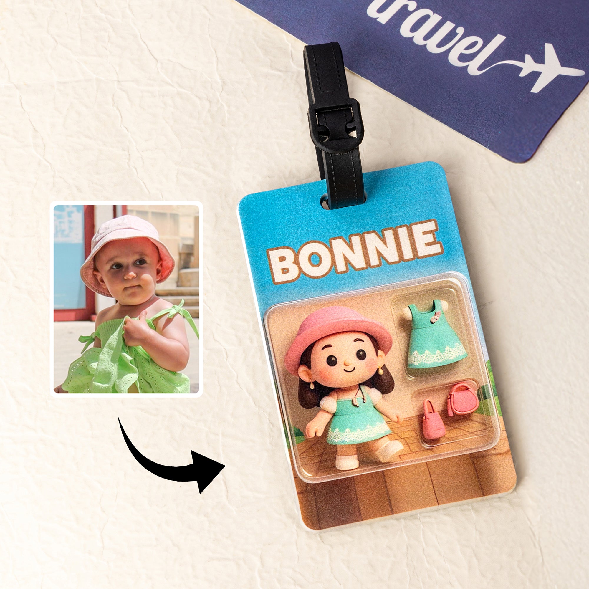 Etiqueta de equipaje personalizada con personaje de dibujos animados nombre y foto accesorio de viaje regalo de cumpleaños para familiares y amigos