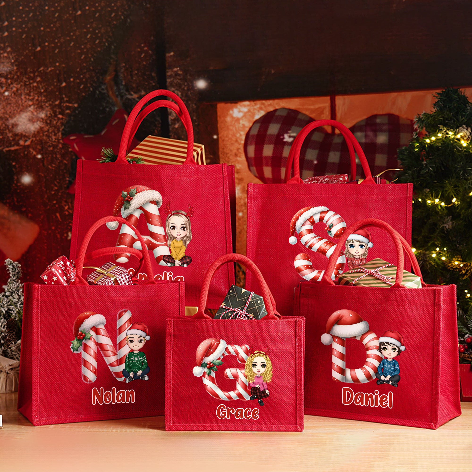 Gorro de Papá Noel personalizado con las iniciales de un personaje de dibujos animados Bolsa de yute grande con nombre Fiesta de Navidad Regalo para la familia