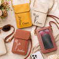 Personalizada Línea de Arte Estilo Flor de Nacimiento Bolsa de Cuero PU Crossbody con Nombre y Ventana de Pantalla Táctil Viajes Uso Diario Regalo de Cumpleaños para Mujeres