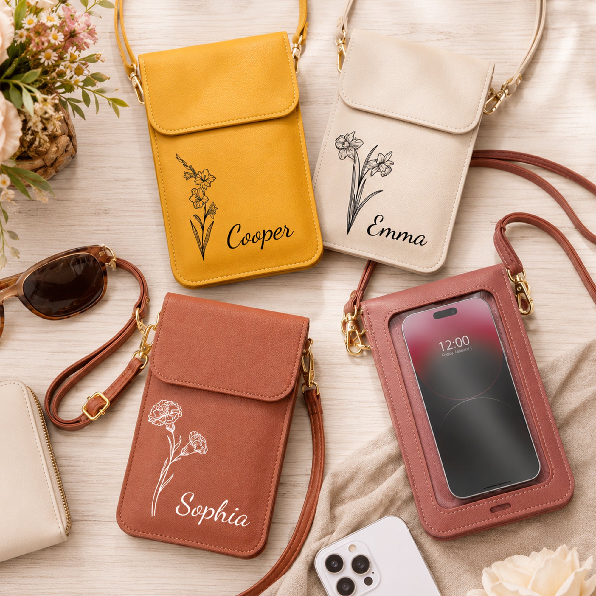 Personalizada Línea de Arte Estilo Flor de Nacimiento Bolsa de Cuero PU Crossbody con Nombre y Ventana de Pantalla Táctil Viajes Uso Diario Regalo de Cumpleaños para Mujeres