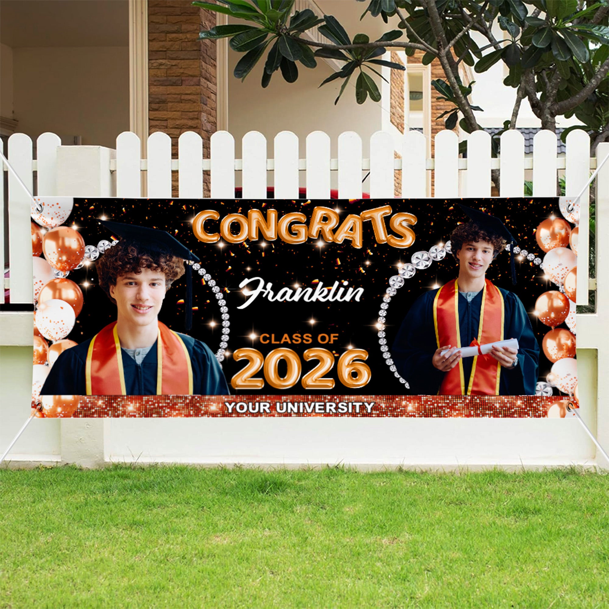 Globos Personalizados Graduación Foto Glittery Banner con Nombre y Nombre de la Escuela Ceremonia de Graduación Fiesta de Regalo para la Clase de 2026 Graduados