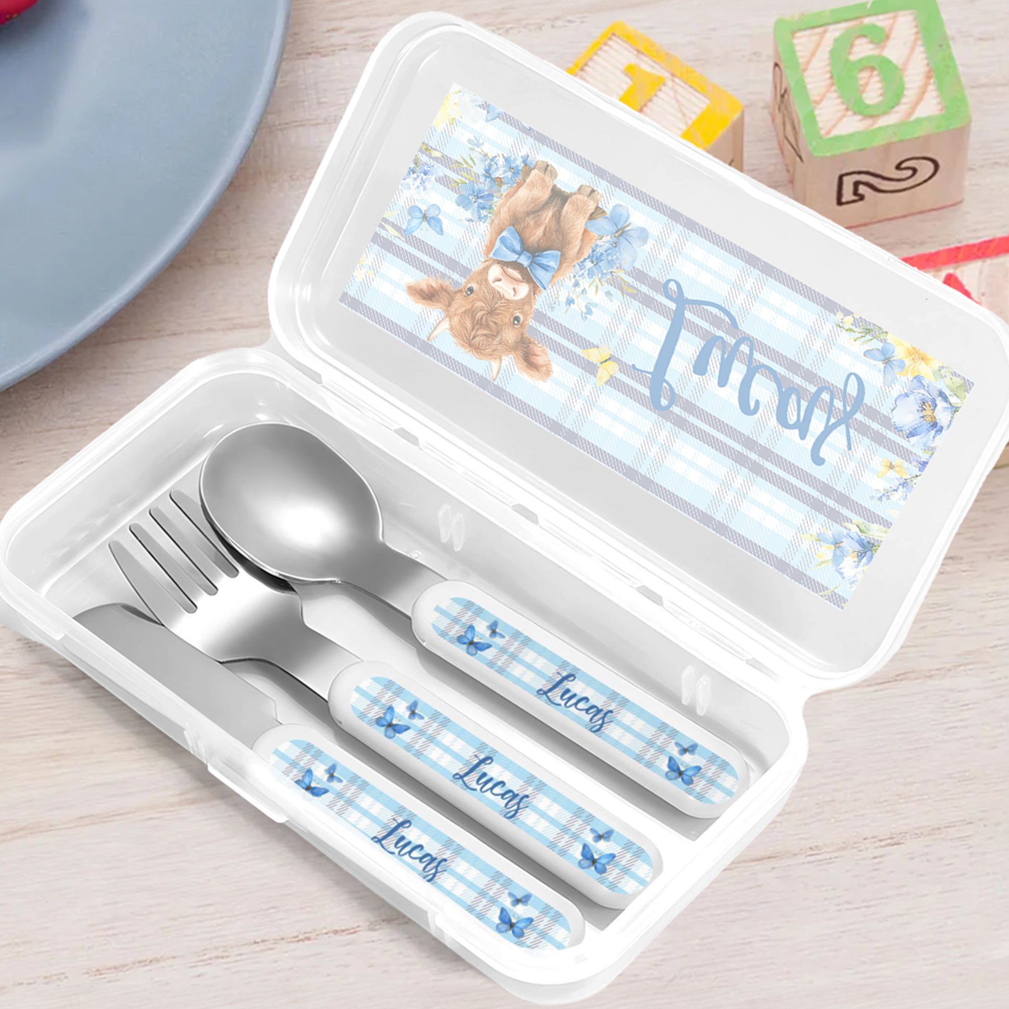 Set de 3 cubiertos de acero inoxidable personalizados con nombre y estuche Regalo de cumpleaños de vuelta al cole para niños y niñas