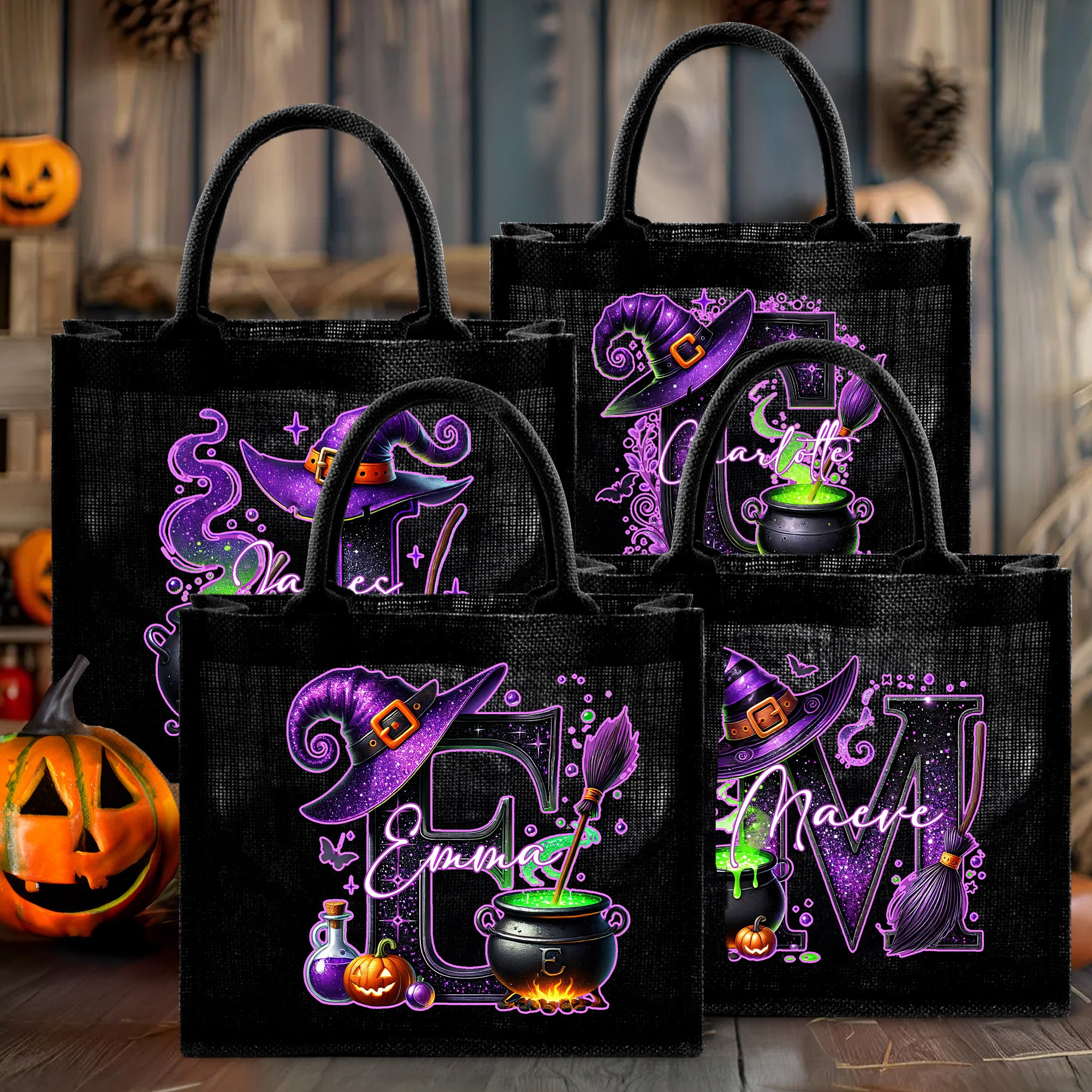 Sombrero de Mago Personalizado Bolsa de Lino Negra con Nombre Fiesta de Halloween Regalo para Niños Niñas