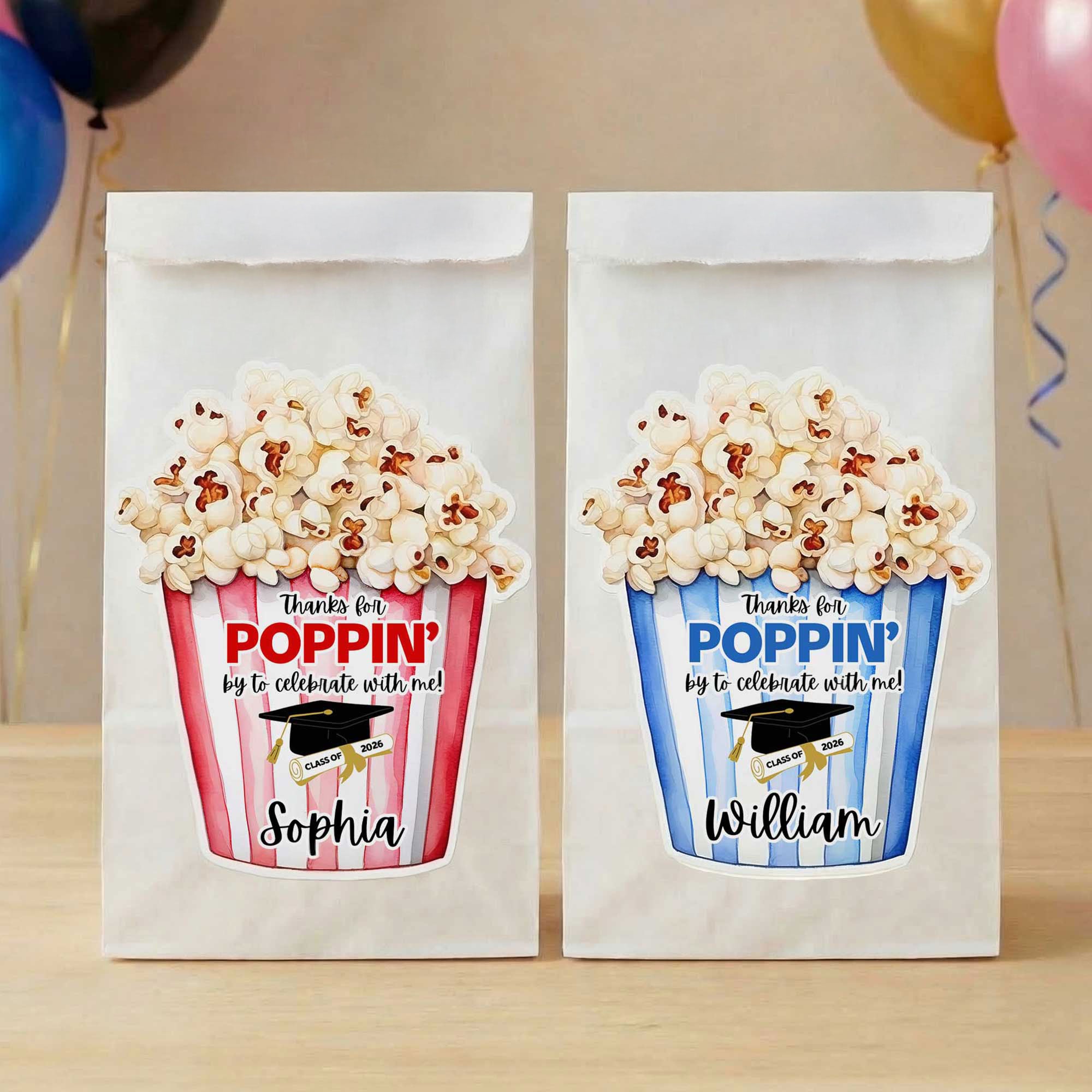 Gracias personalizadas para Poppin 'Por celebrar conmigo Etiquetas adhesivas impermeables con nombre Regalo Decoración Fiesta de Graduación Favor para Graduados