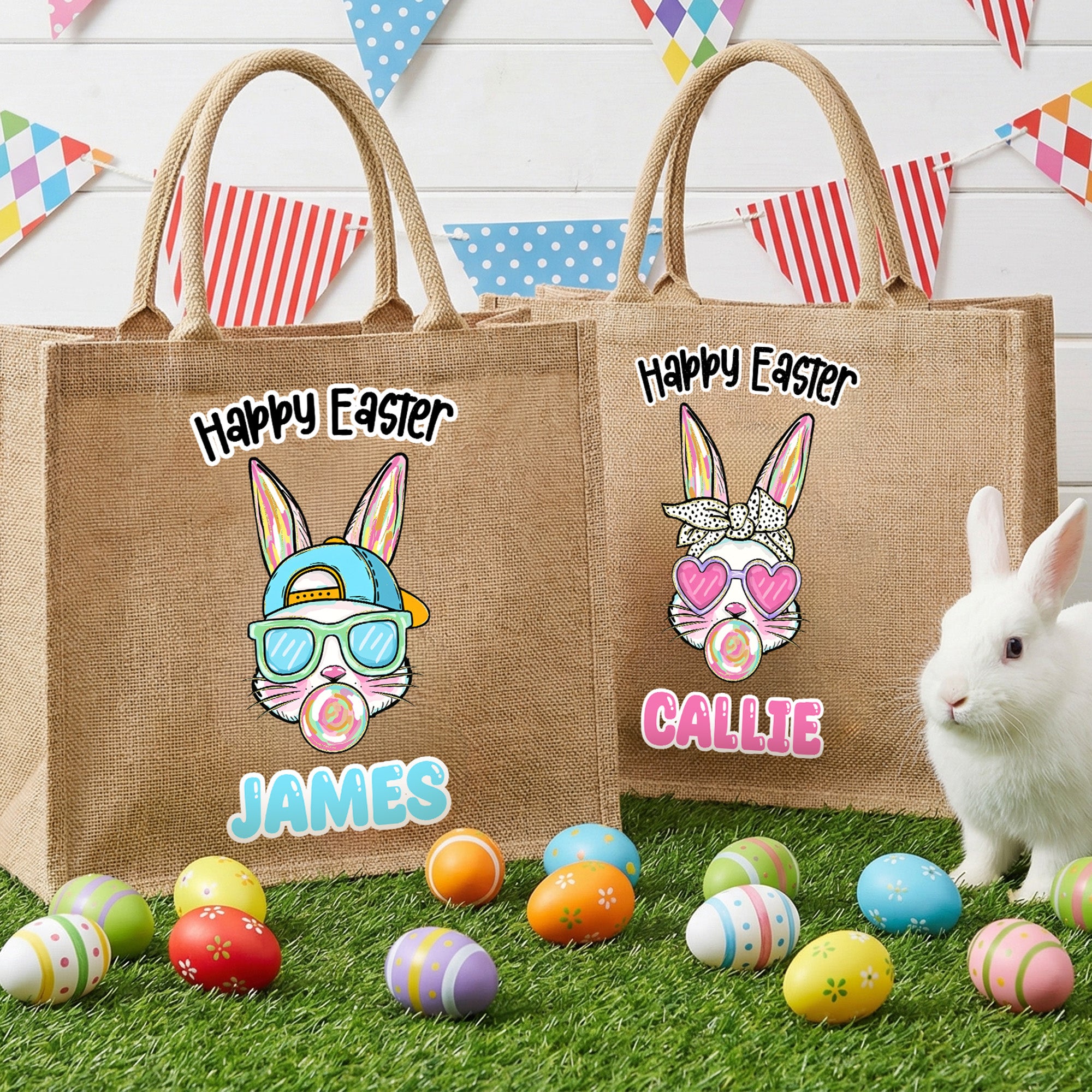 Conejito de Pascua con Gafas de Sol Personalizadas Bolsa de Yute Grande con Nombre Fiesta de Pascua Regalo para Niños