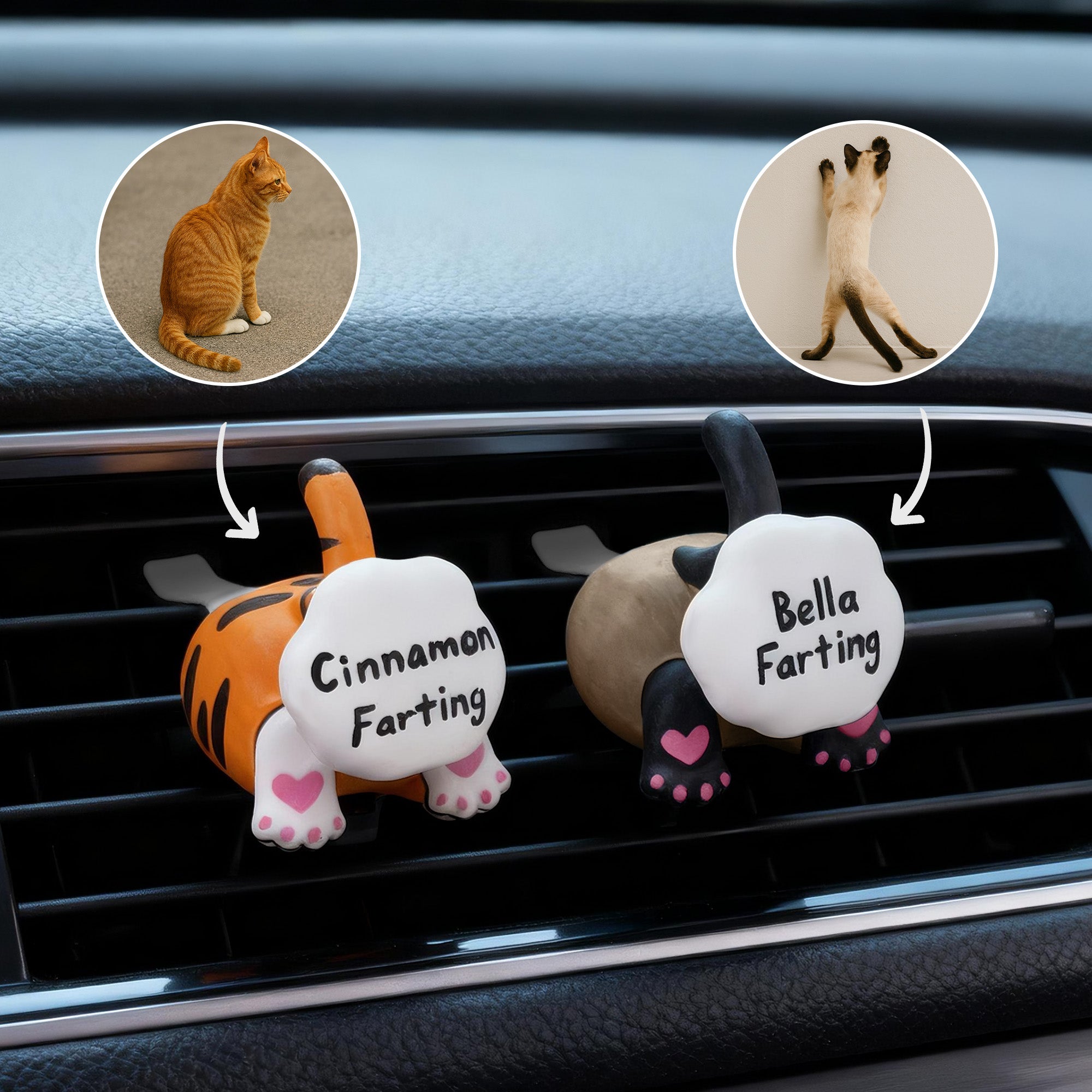 Colilla de Gato Personalizada Clip Difusor de Aire para Coche con Nombre Dibujado a Mano Accesorios de Coche Regalo para los Amantes de los Gatos