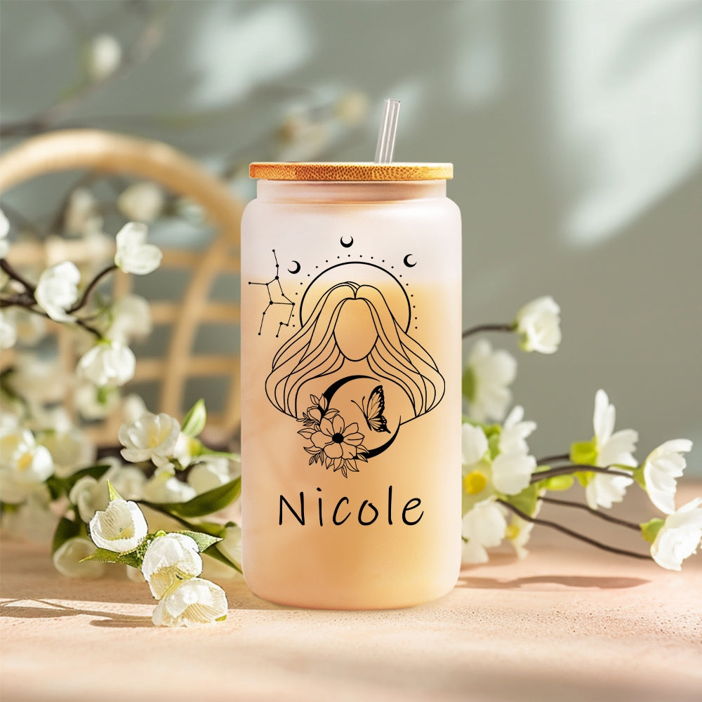 Personalizada Signo del Zodiaco Nombre de la Flor 20 oz lata en forma de vaso de vidrio con tapa Bomboo y paja Boda Cumpleaños Regalo para las mujeres