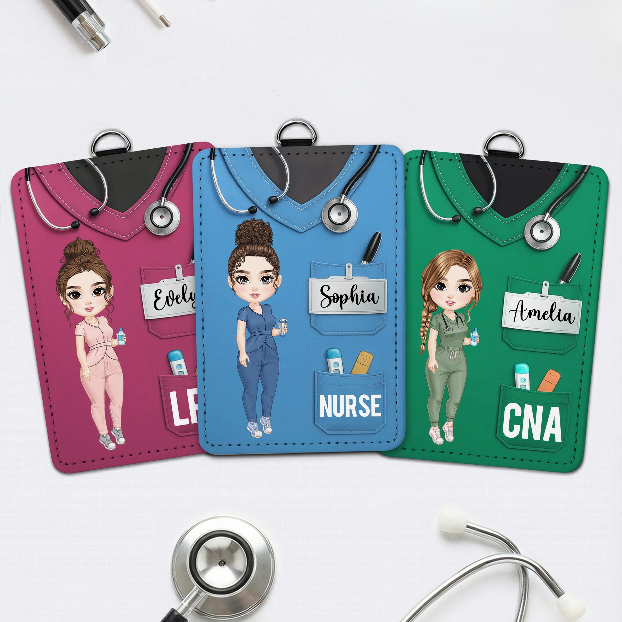 Caricatura personalizada de cuero de la PU de la tarjeta de identificación con el nombre y la ocupación de la enfermera Día de la Enfermera Apreciación de Regalo para la Enfermera Médico Personal