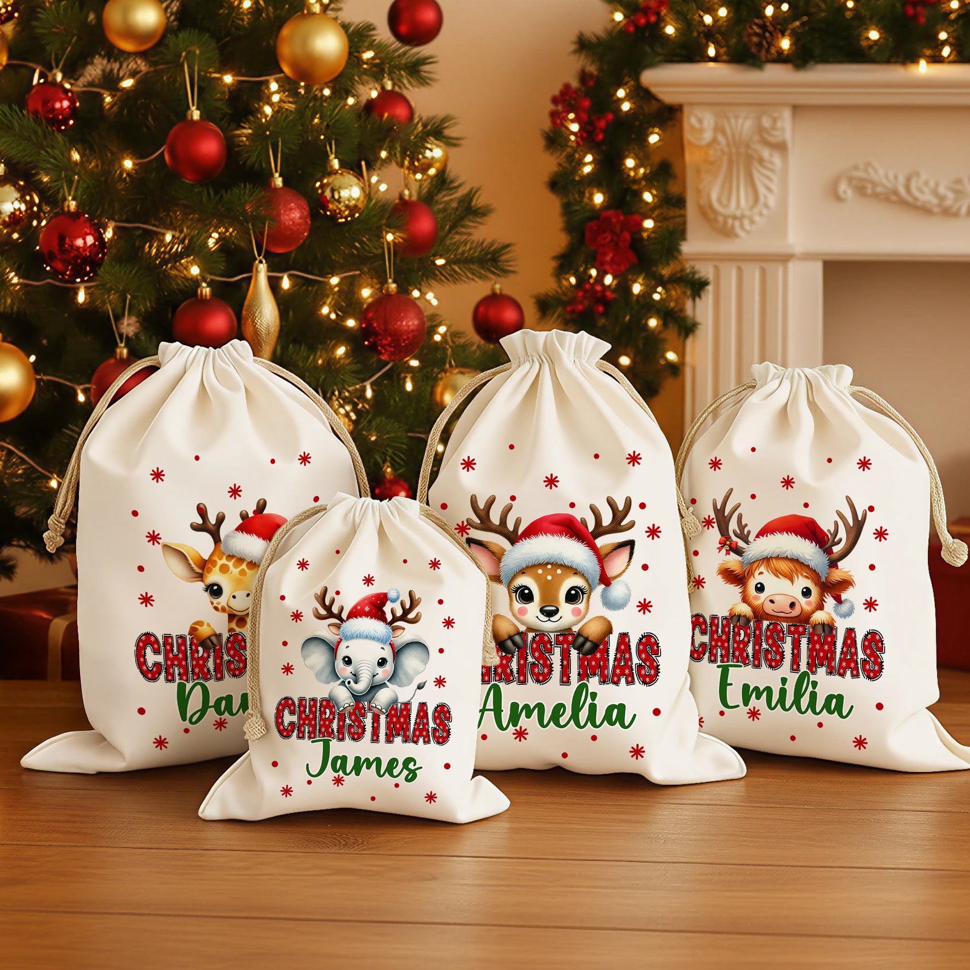 Gorro de Papá Noel personalizado Ciervo Fantasía Unicornio Animal bonito Bolsa de regalo de lona con nombre Regalo de Navidad para la familia Amigos