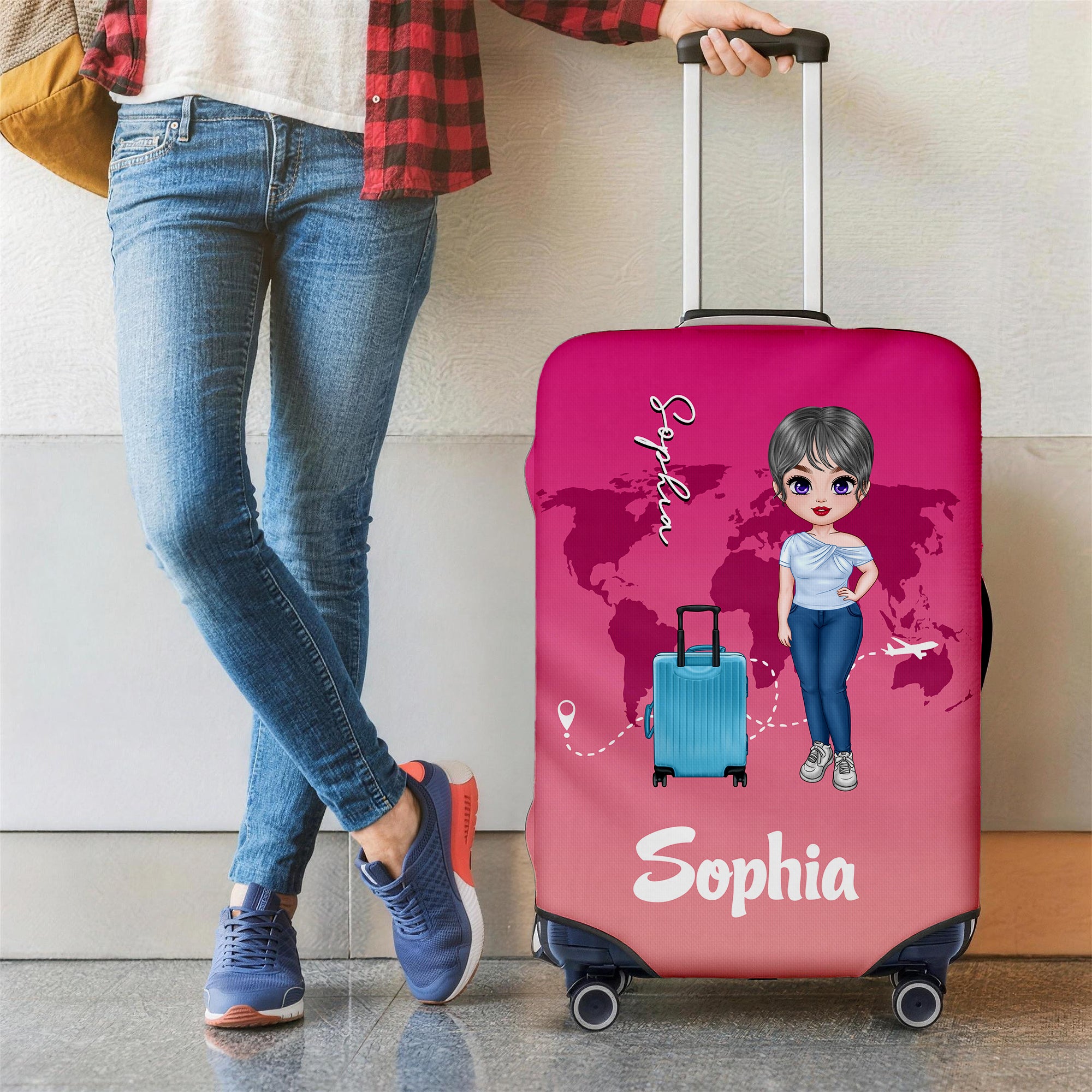 Funda de equipaje personalizada con personaje familiar de dibujos animados para maleta de 18-32 pulgadas con nombre y texto Regalo de cumpleaños para amantes de los viajes
