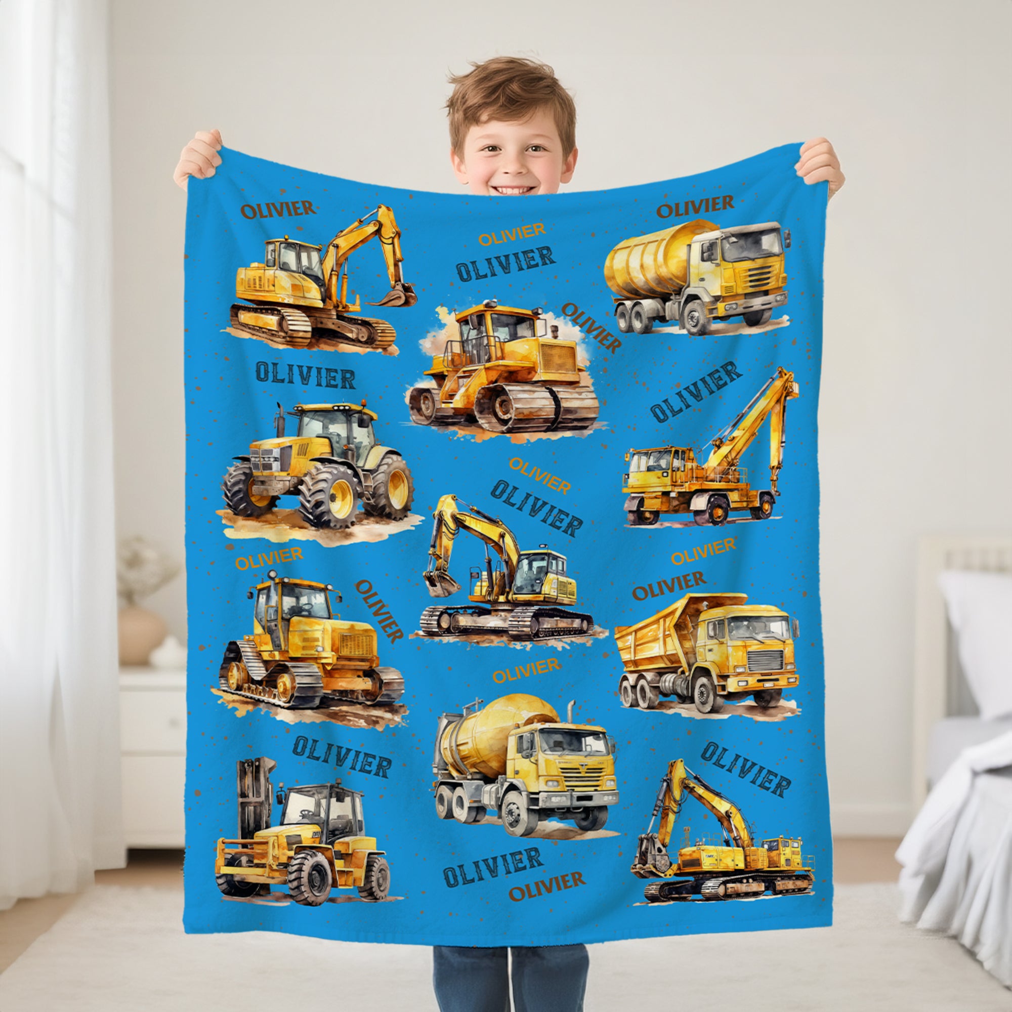 Camiones de construcción personalizados Manta suave con nombre Decoración del hogar Regalo de cumpleaños para niños amantes de los camiones