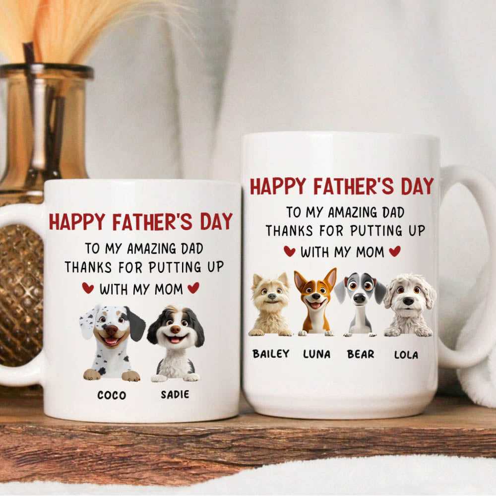 Personalizado a mi padre increíble lindo dibujo animado 3D perro 11 oz 15 oz taza de cerámica blanca con 1-4 nombres cumpleaños feliz día del padre regalo para el perro papá amante del perro