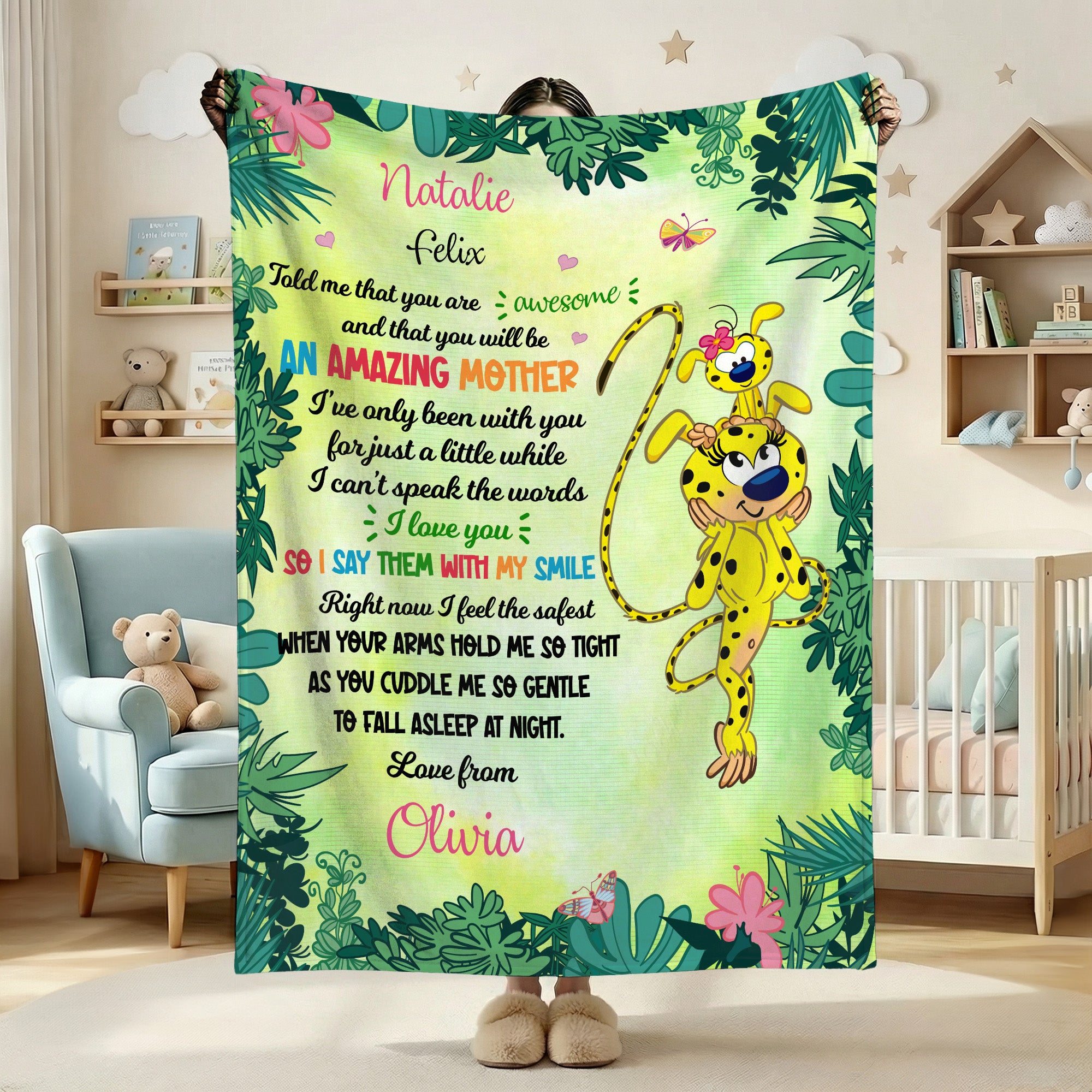 Marsupilami suave manta personalizada de dibujos animados con nombre Decoración del hogar Regalo de cumpleaños para el Día de la Madre | Callie × Marsupilami