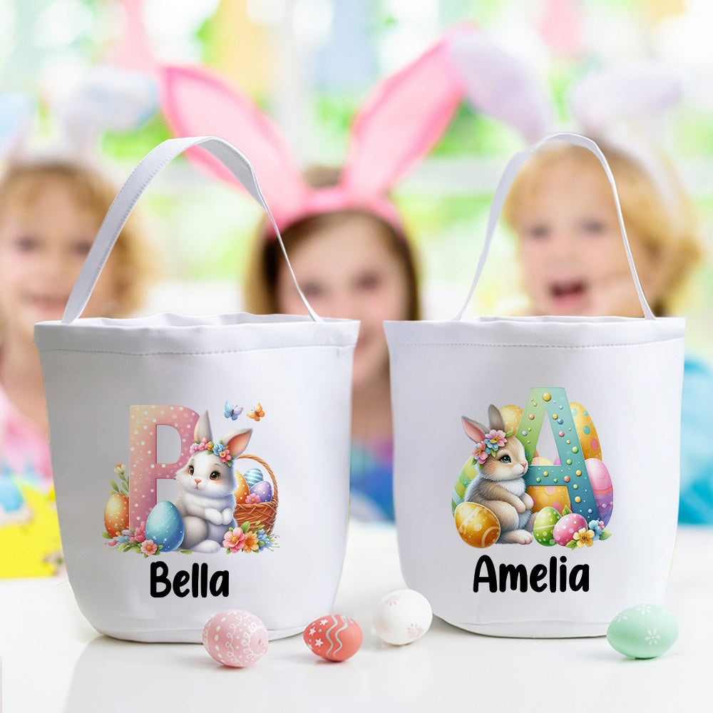Huevo de Pascua personalizado con forma de conejo con inicial Cesta de lona reutilizable con nombre Fiesta de Pascua Caza Cumpleaños Regalo para niños Familia