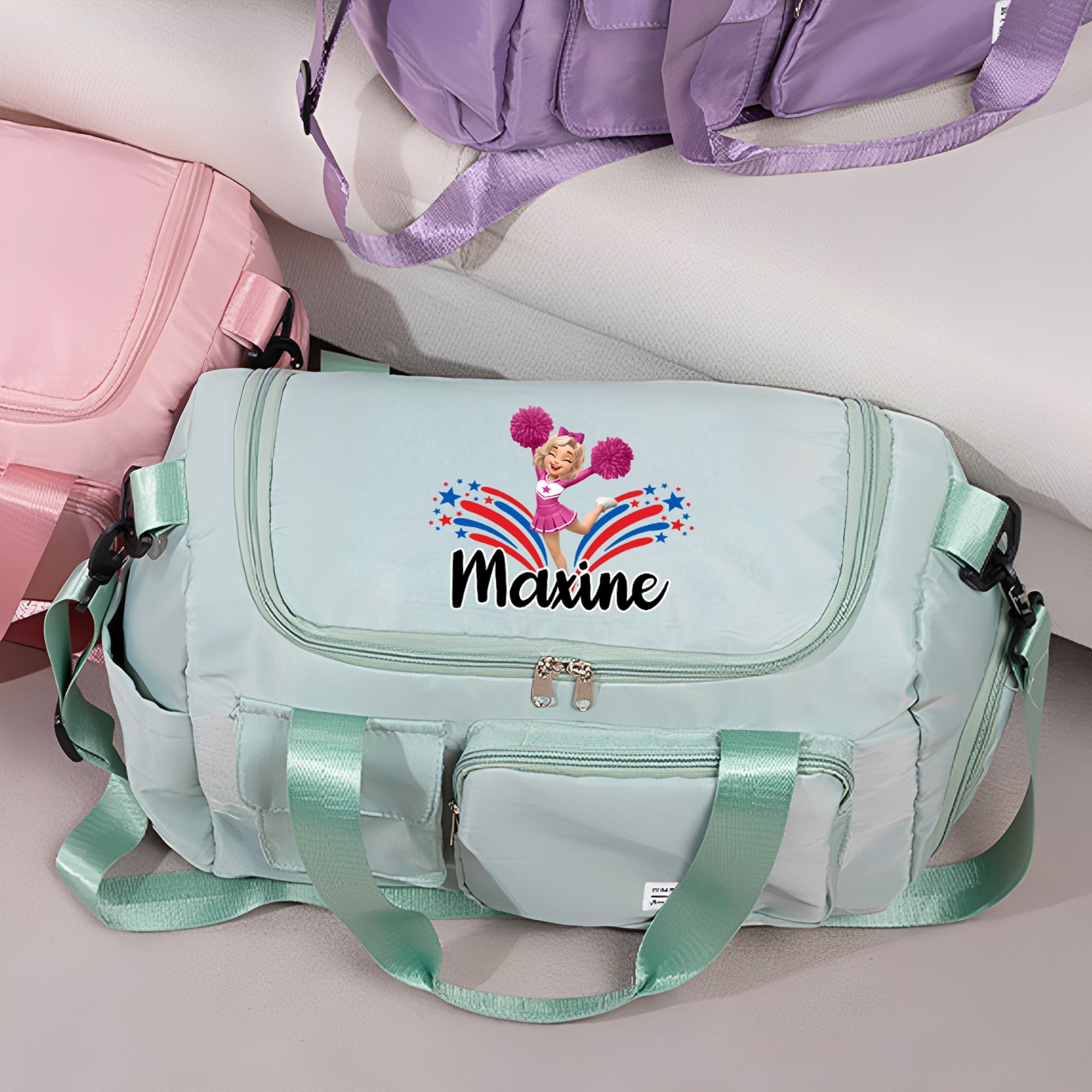 Bolsa de viaje impermeable de gran capacidad con nombre y correa para el hombro Personalizada Chica animadora de dibujos animados Cumpleaños Uso diario Regalo para niñas