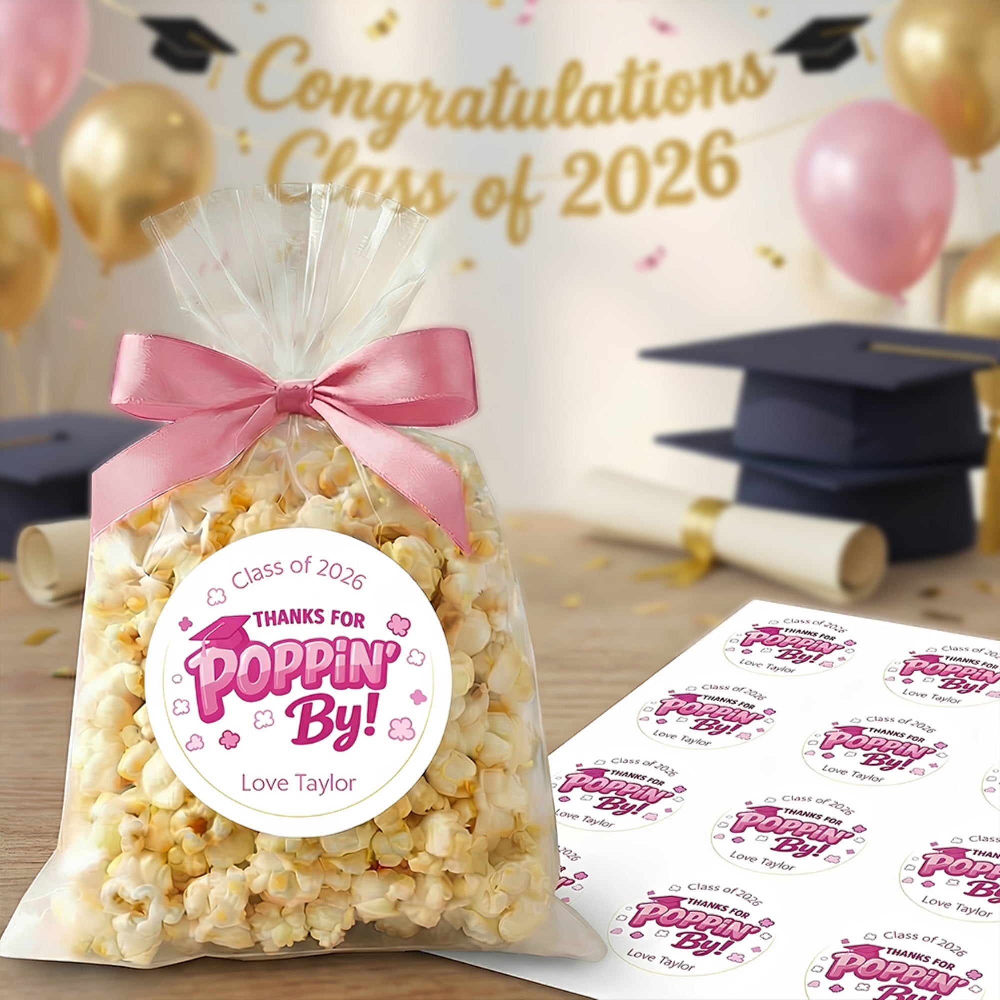 Personalizado Gracias por Poppin Por pegatinas a prueba de agua con el nombre de etiqueta de favor Ceremonia de Graduación Decoración de la fiesta para los graduados