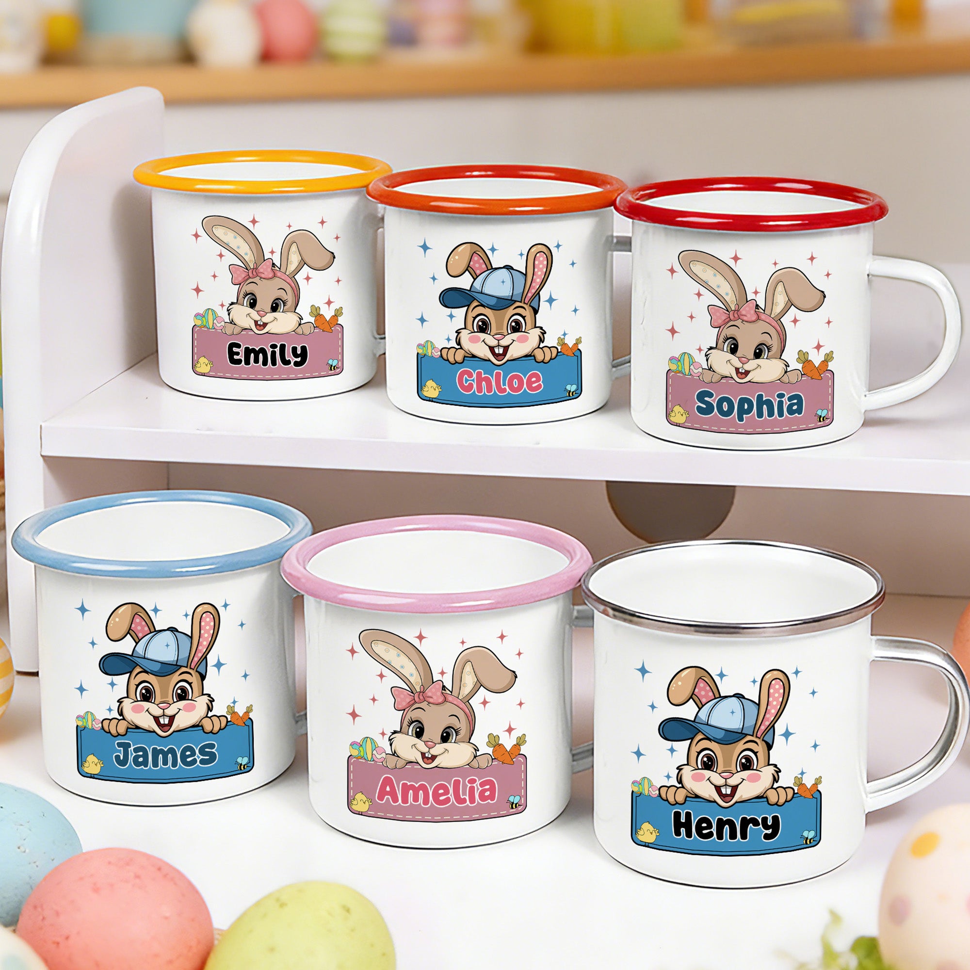 Conejito de Pascua personalizado 12 oz taza de esmalte de color con el nombre de Pascua Fiesta de Cumpleaños para Niños Niños Niñas