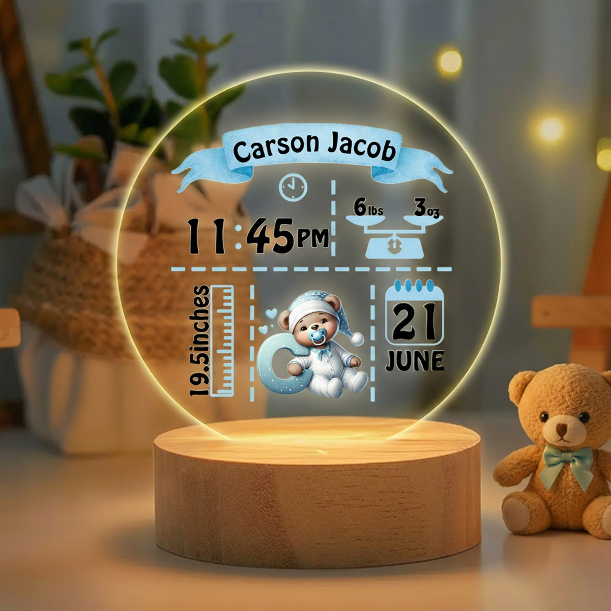 Lindo Oso Personalizado con Inicial LED Luz de Noche con Nombre y Base de Madera Decoración de Habitación de Bebé Regalo de Cumpleaños para Recién Nacidos