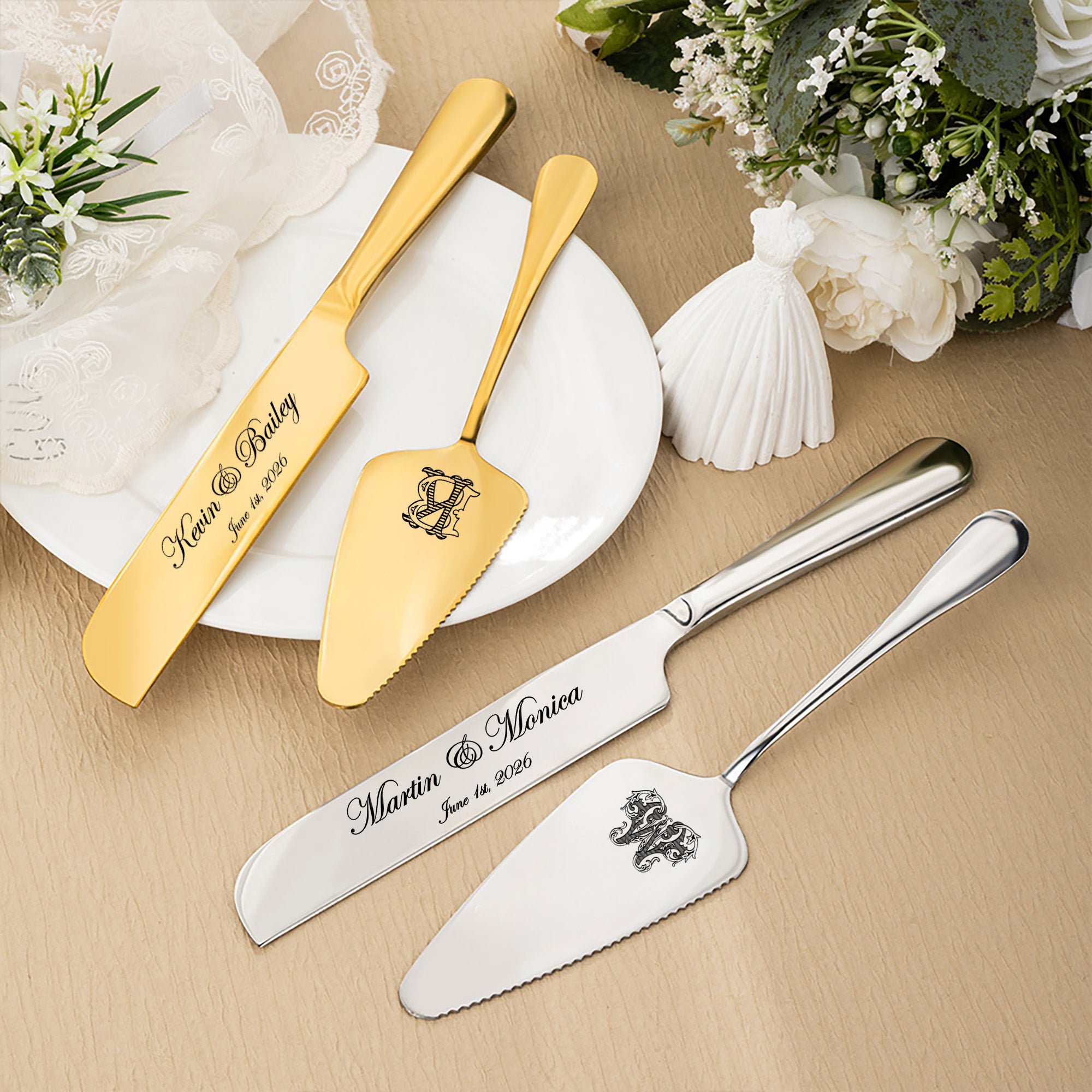 Set de Cuchillo y Servidor de Pastel Personalizado con Nombre y Fecha de Boda Regalo de Compromiso para Pareja