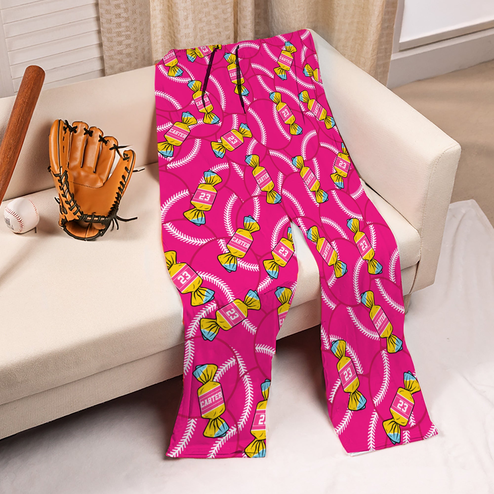 Personalizado Candy Baseball Pantalones de pijama de cordón suave con el nombre de viaje Fiesta de cumpleaños de regalo para los aficionados al béisbol