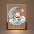 Personalizada Dreamy Star Moon Sleepy Teddy Bear acrílico LED Luz de noche con base de madera y nombre Cumpleaños Aniversario Regalo para los niños de la familia