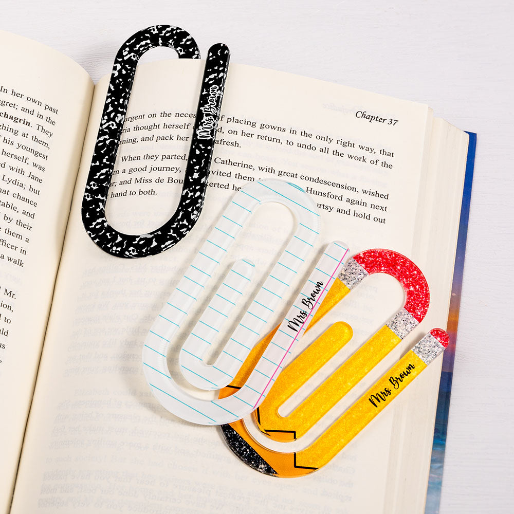 Cuaderno de lápiz personalizado Jumbo Paperclip Acrílico Marcapáginas Clip Juego de 3 con Apellido Día del Maestro Apreciación Regalo para Profesores Amantes de la Lectura