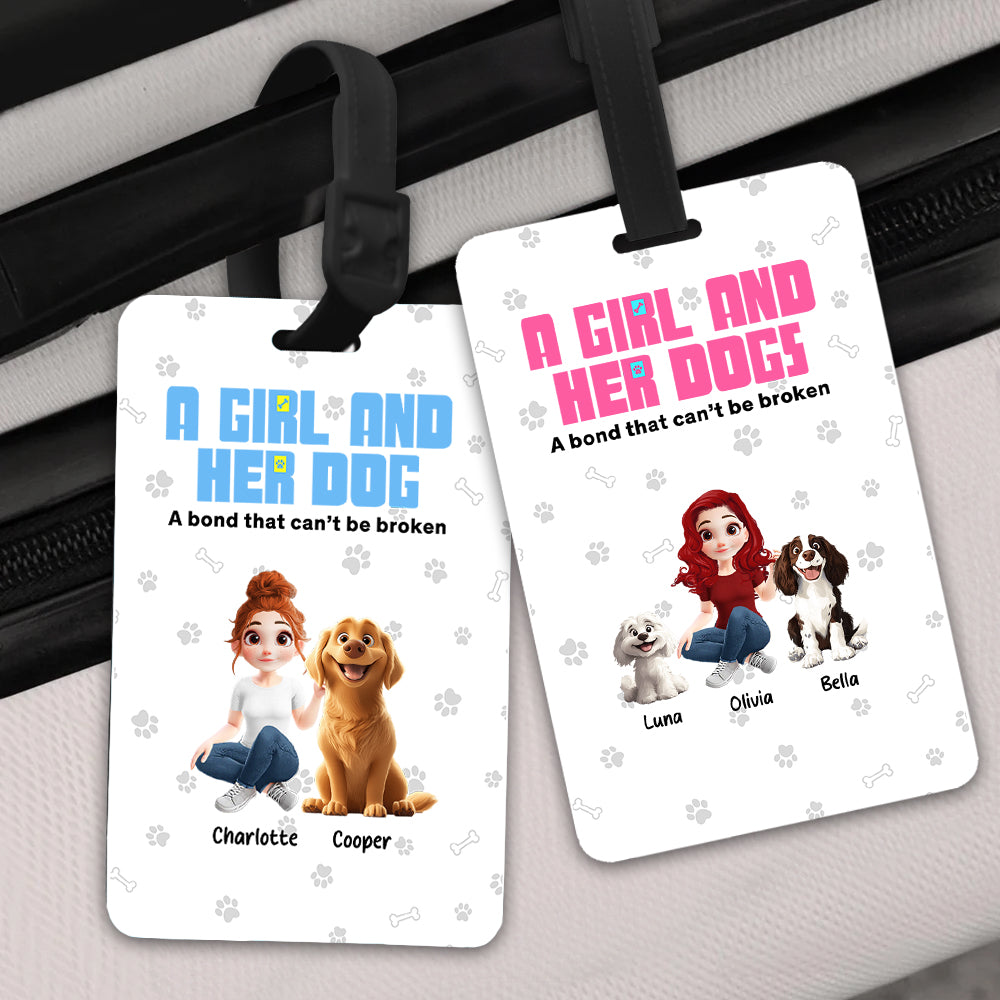 Personalizada Una chica y sus perros tienen un vínculo inquebrantable Etiqueta de equipaje en 3D estilo dibujos animados con 1-5 nombres de perros Accesorios de viaje Regalo de cumpleaños para dueños