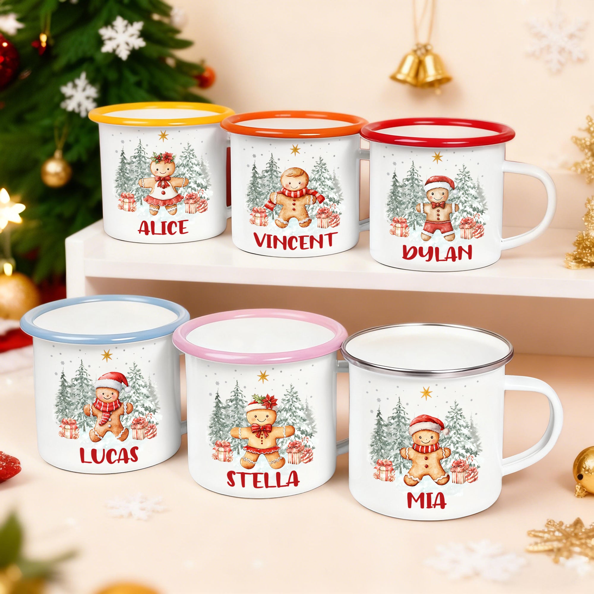 Taza esmaltada personalizada con nombre del simpático hombre de jengibre 12 oz Cacao Uso diario Regalo de Navidad para niños Familia