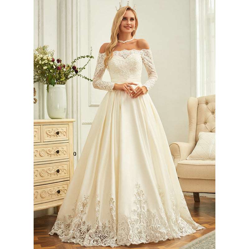 Bridal Wedding Dress Yellow Long Sleeve Long Off the Shoulder Ball-Gown Princess