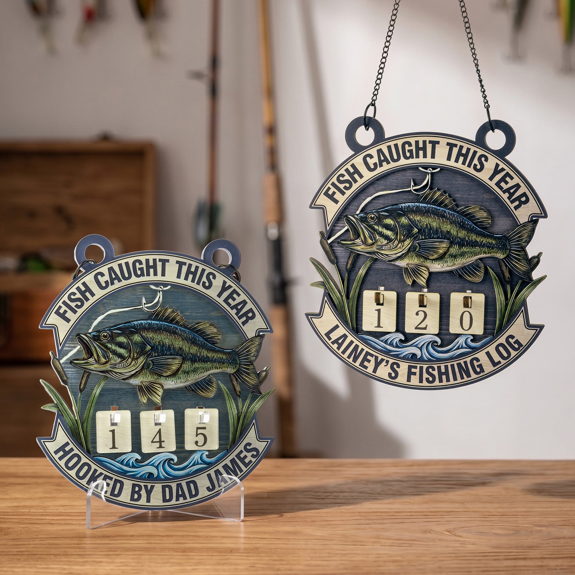 Colgante personalizado Pescado capturado este año con nombre Día del padre Regalo de cumpleaños para papá Abuelo Pescador Aficionado a la pesca