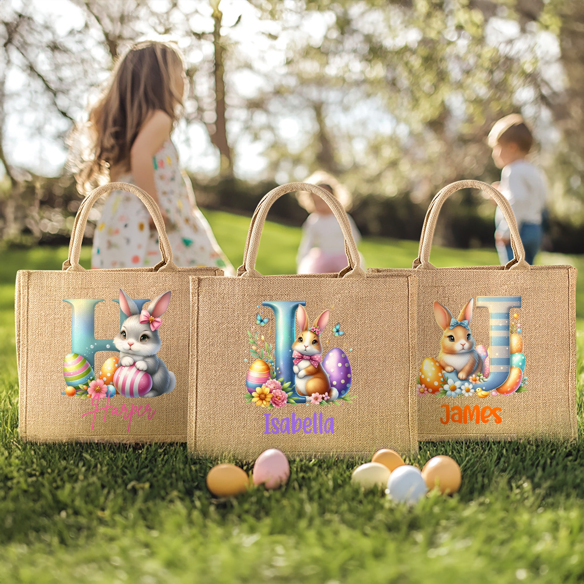 Conejito de Pascua personalizado Bolsa de yute grande con iniciales y nombre Cacería de huevos de Pascua Fiesta de Pascua Regalo para niños