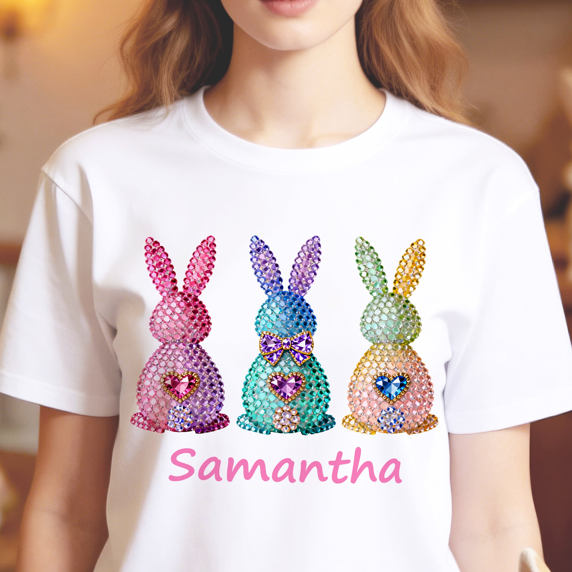 Personalizada Diamante Conejo Patrón Camiseta Sudadera Sudadera con capucha con nombre Todos los días Traje de Pascua Cumpleaños Regalo para la Madre Mujeres