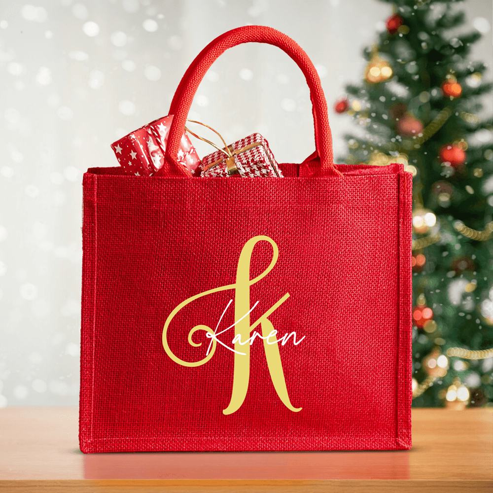 Bolsa de Yute Roja Grande Personalizada con Iniciales Artísticas y Nombre Uso Diario Regalo de Navidad para Familia Amigos