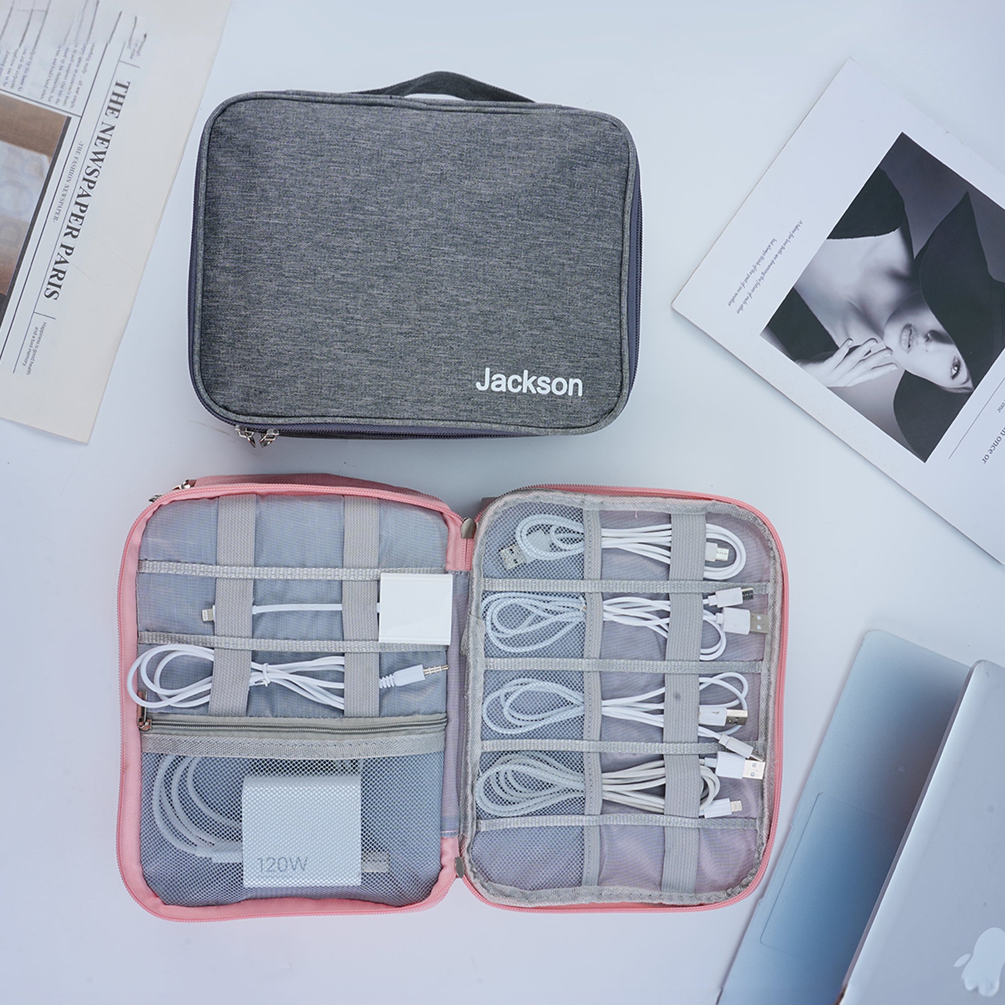 Nombre personalizado Bolsa organizadora portátil de doble capa para cables con asa Regalo de cumpleaños esencial para los amantes de los viajes