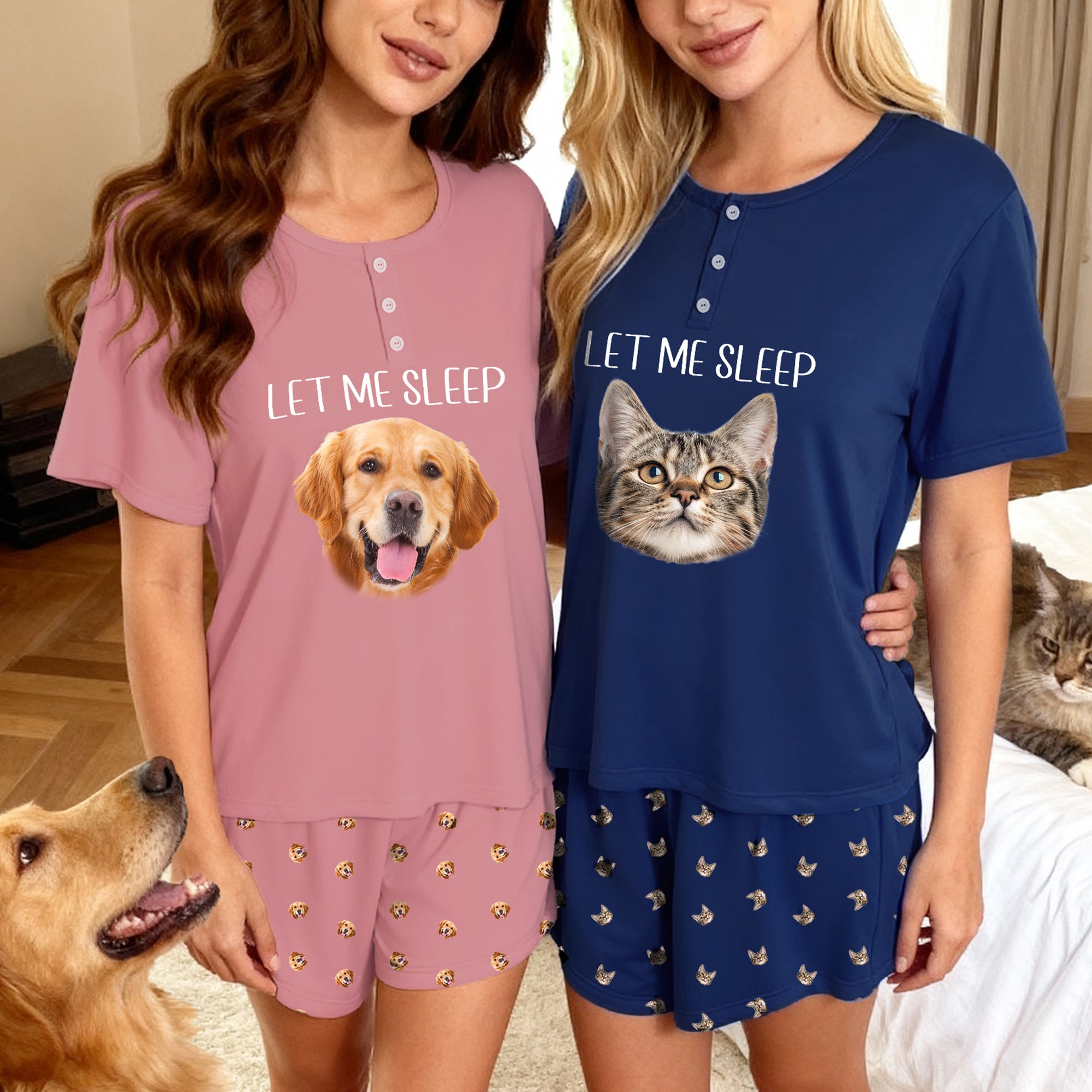 Personalizado Divertido Perro Gato Mascota Cara Foto Suave Manga Corta Mujer Pijama Set con Texto Regalo de Cumpleaños para Amantes de las Mascotas Propietarios
