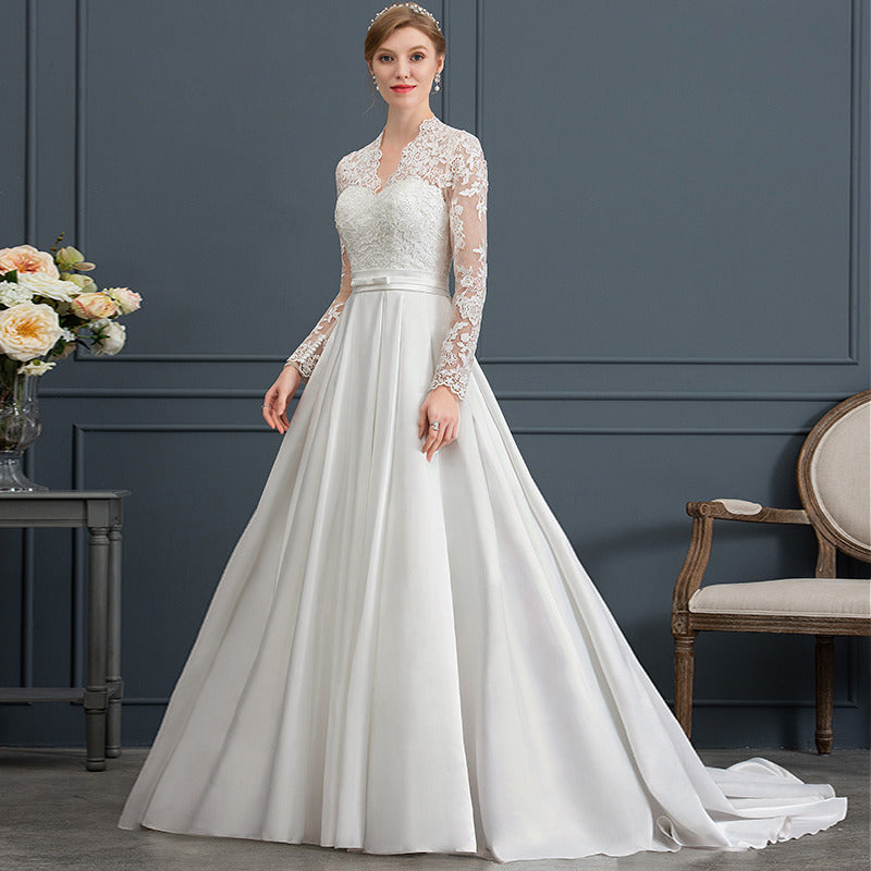 Bridal Wedding Dress Ivory Long Sleeve Long V-Neck Ball-Gown Princess