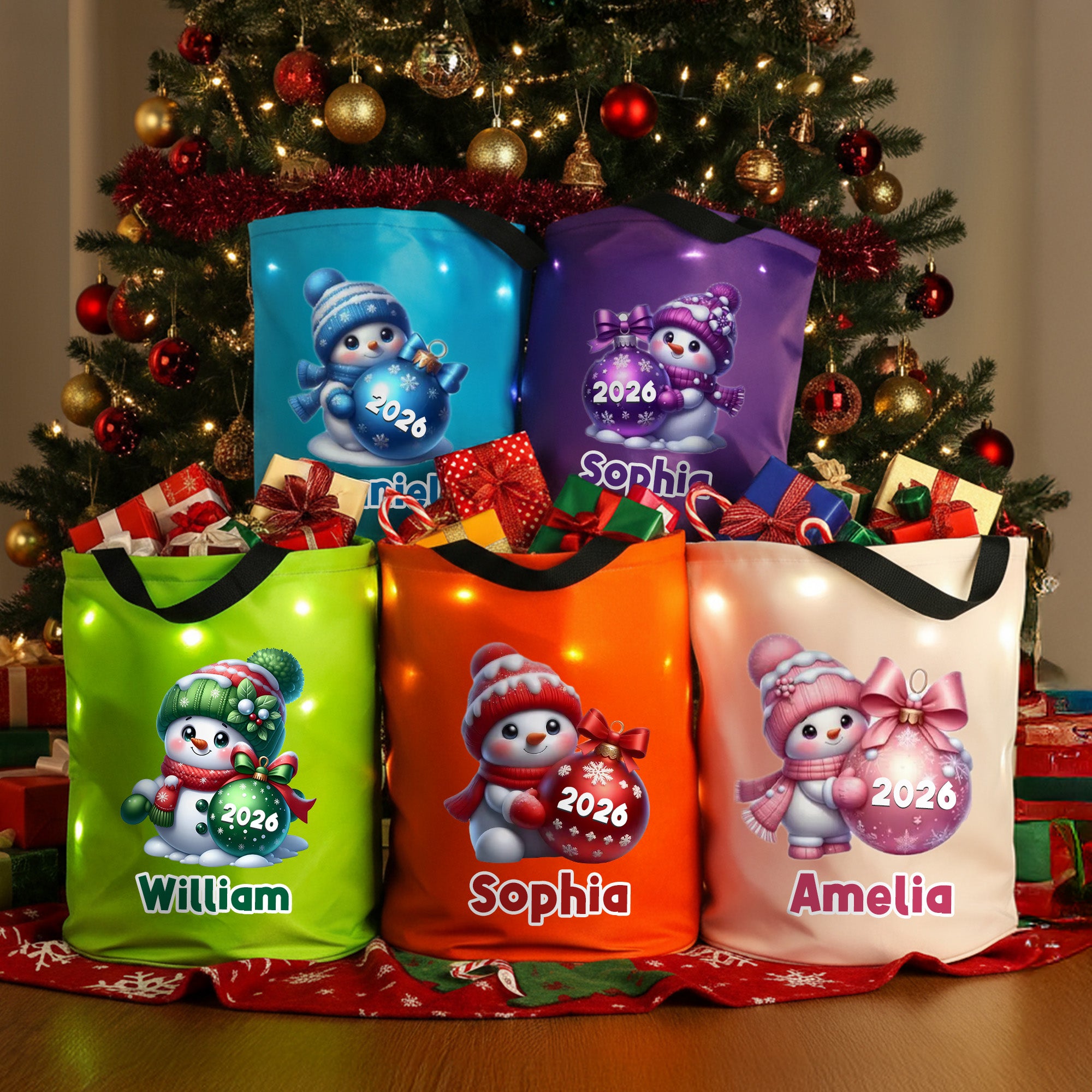 Personalizado lindo muñeco de nieve de dibujos animados de luz LED Bolsa de cubo con el nombre y el año de vacaciones de almacenamiento de decoración de Navidad de regalo para los niños