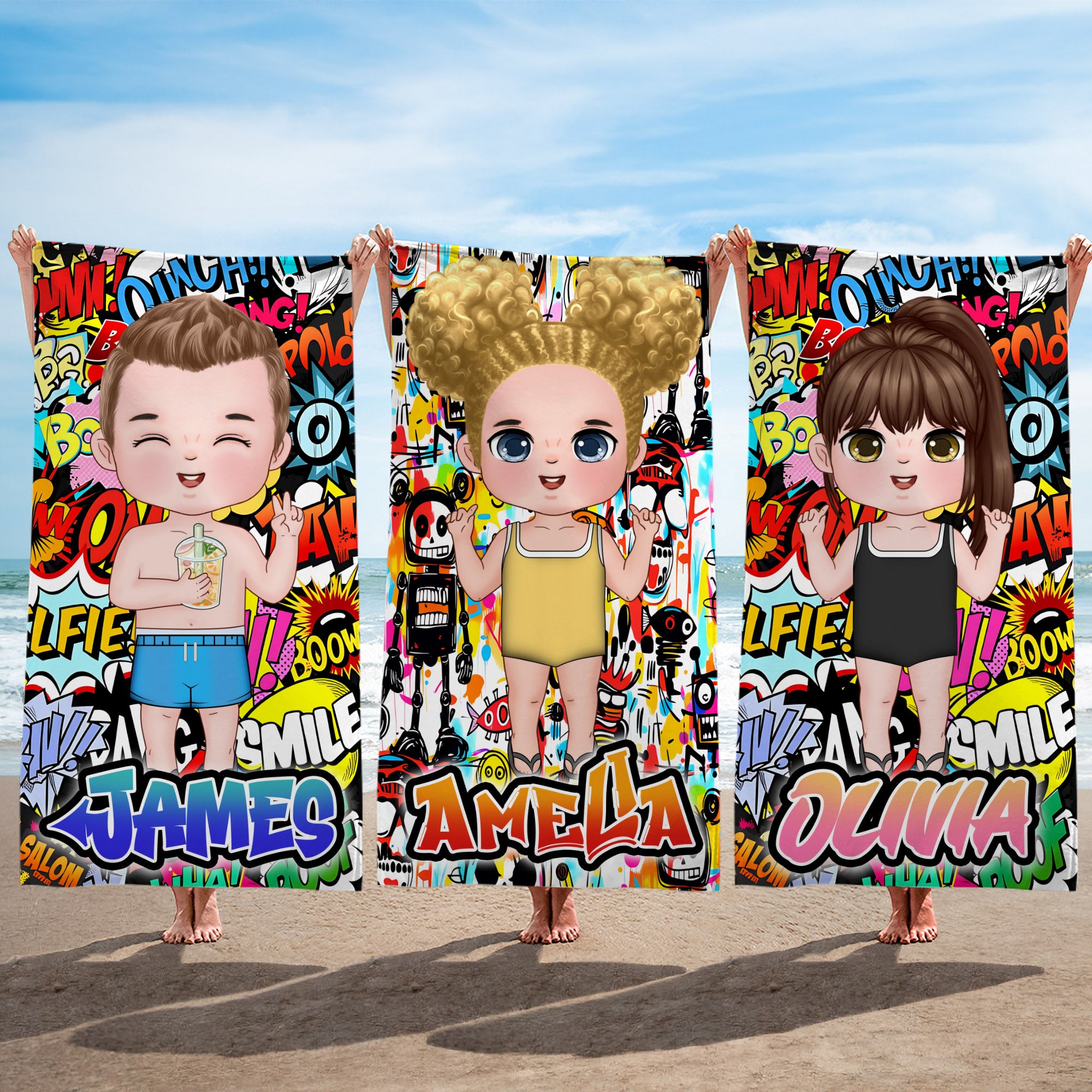 Toalla de playa de gran tamaño, de secado rápido y suave, personalizada con el nombre de un personaje de dibujos animados en estilo graffiti, para niños y adultos.